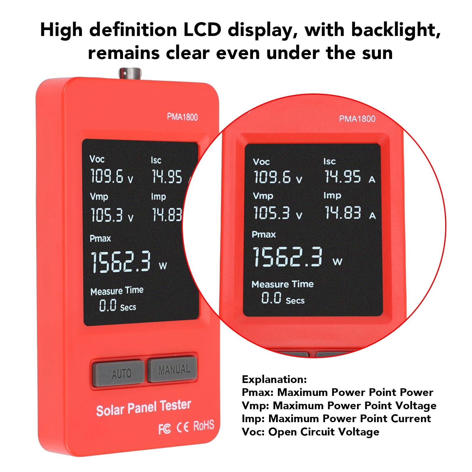 Pissente 1800-W-Solarpanel-Tester Photovoltaik-Multimeter MPPT-Messgerät mit Großem LCD-Bildschirm und EVA-Tasche