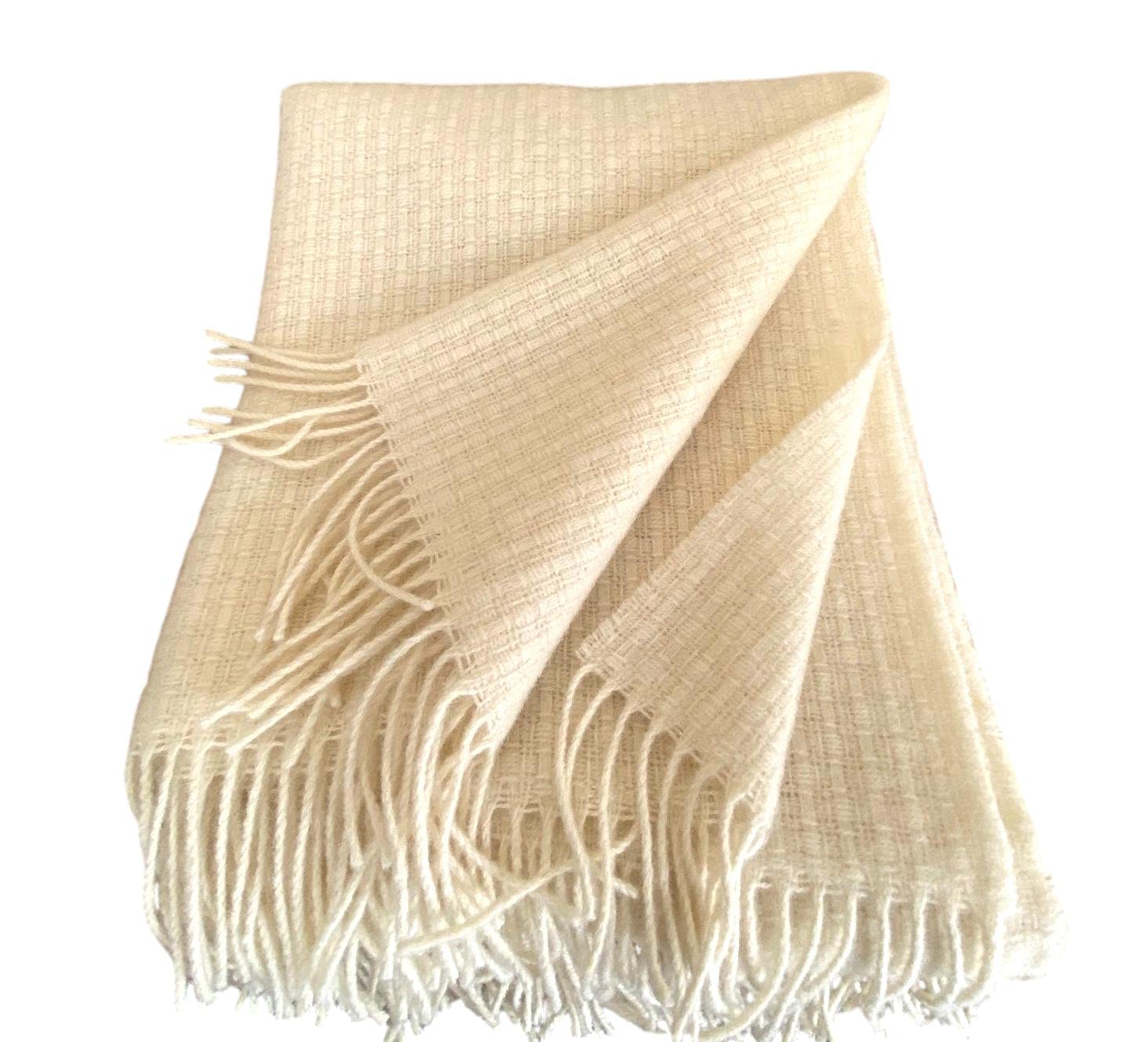 Plaid in lana 100% Nuova Zelanda, colore bianco caldo, 140 x 200 cm, con frange