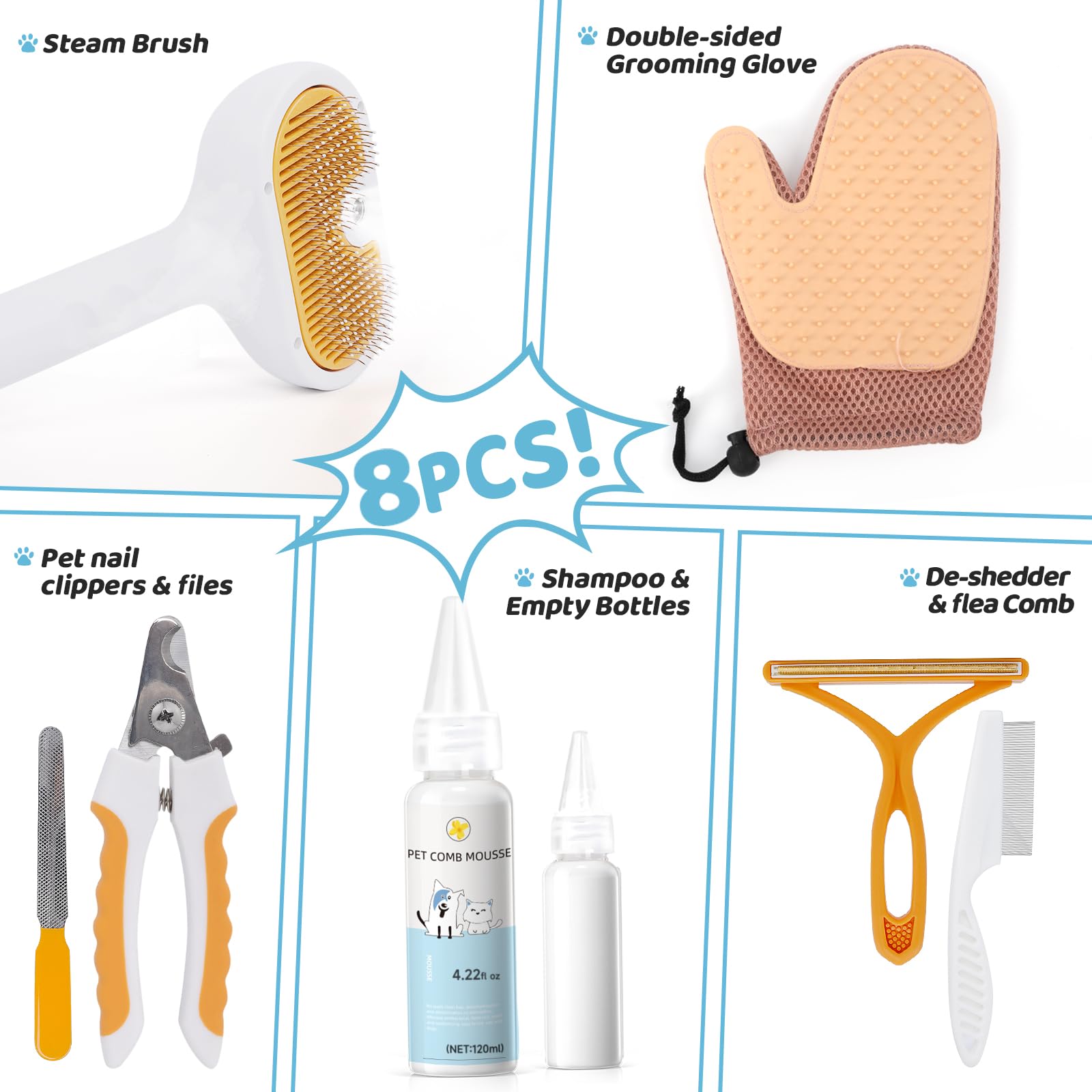 Pet Steam Brush for Dog & Cat – 3-in-1 Spray Hair Removal Comb for Shedding & Grooming Shedding Glove, Flea Comb, Couch Carpet Hair Removal Tool, Nail Toenail Clippers Nail File Shampoo-8PCS - image 2