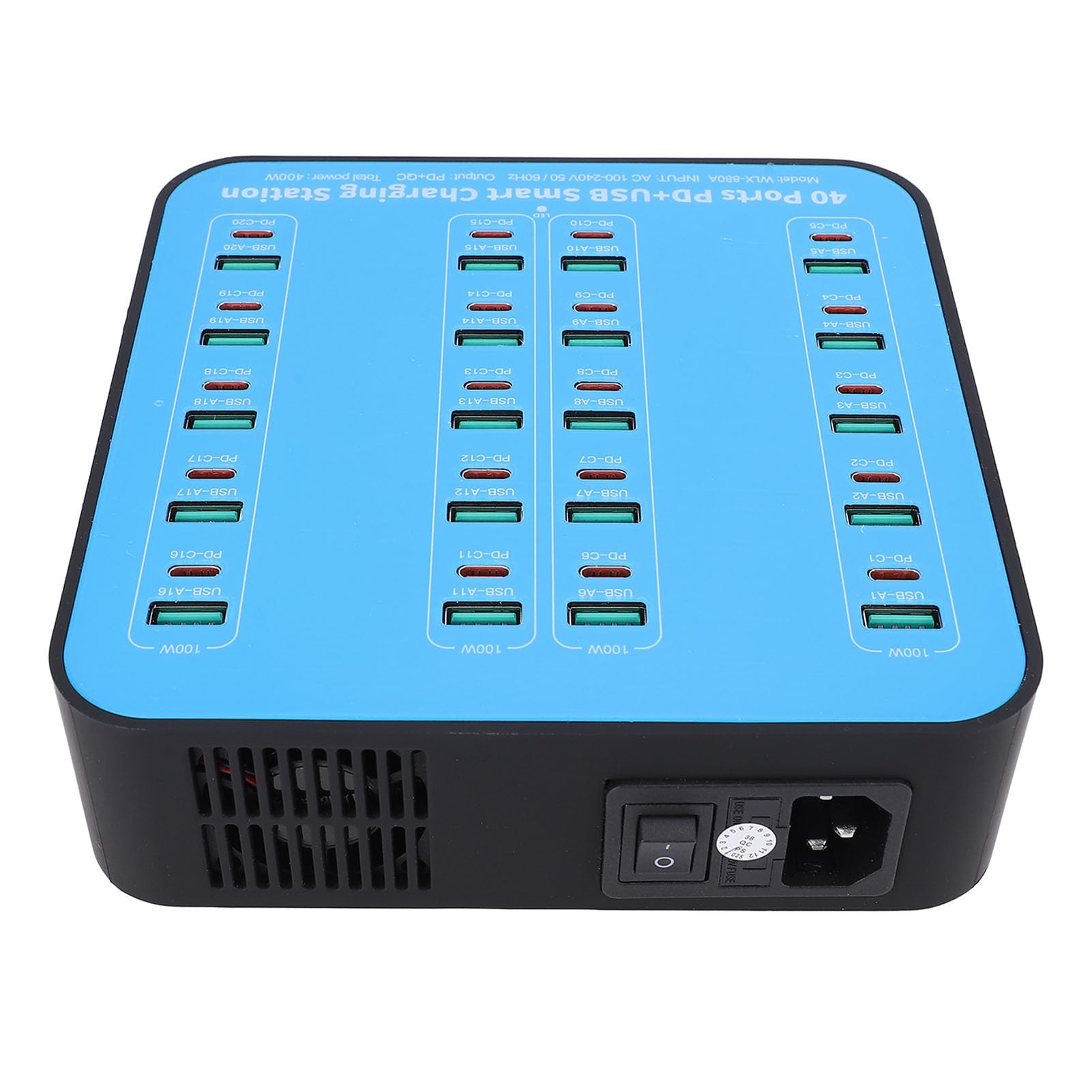 Sxhlseller Stazione di Ricarica USB a 20 Porte con Ricarica Rapida 20 PD, Caricabatterie Multidispositivo da 400 W per Smartphone, Laptop, Tablet, Doppie Ventole di Raffreddamento, per (Spina europea)