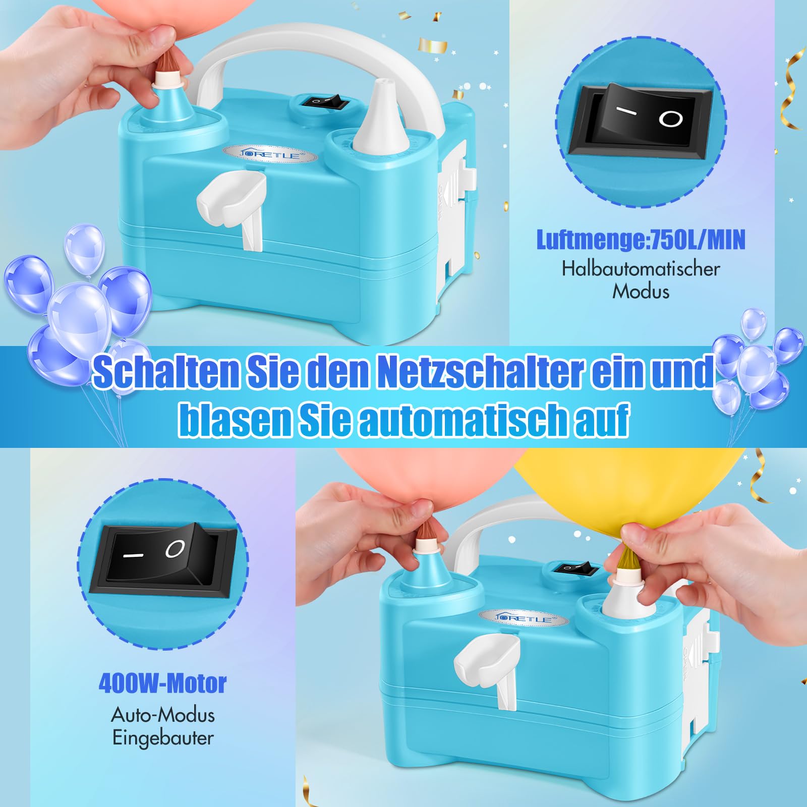 JORETLE Elektrische Luftballonpumpe 400W – 220V, 2 Düsen & 2 Modi, Für Party, Geburtstag & Camping (Orange) JORETLE Elektrische Luftballonpumpe 400W – 220V, 2 Düsen & 2 Modi, Für Party, Geburtstag & Camping (Orange)