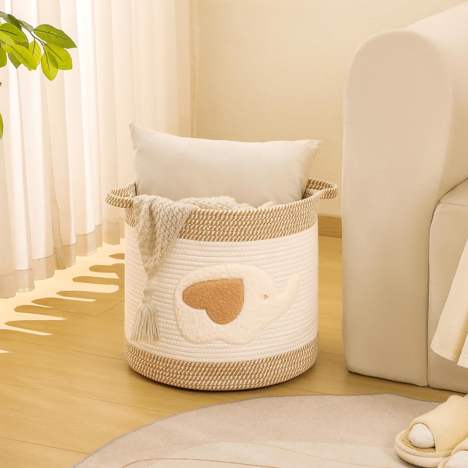 Wasmand, gevlochten katoenen touw, speelgoedmand, deken voor kinderkamer, kussen, opbergmand voor woonkamer (48cm*40cm