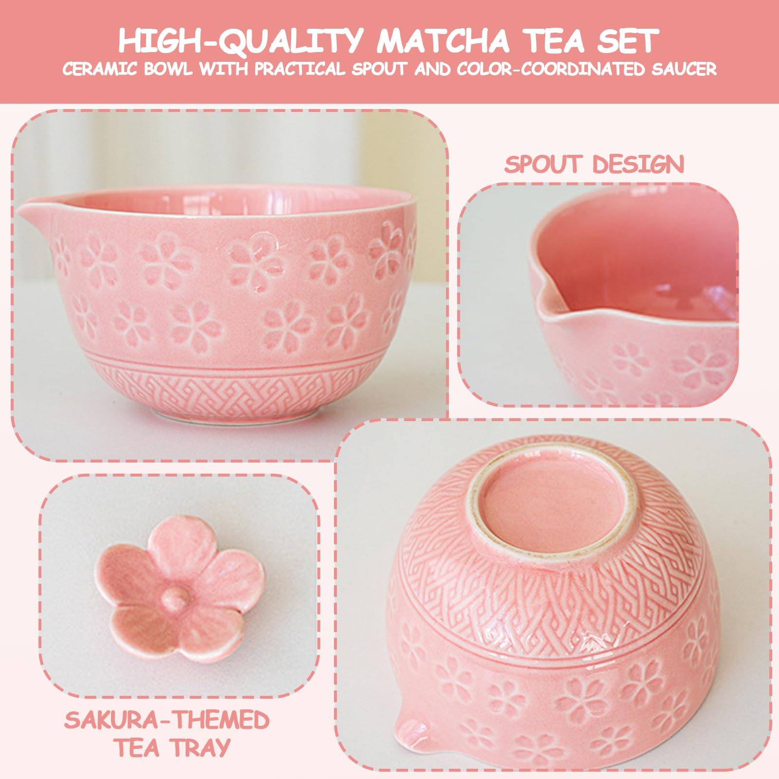Zestaw Matcha 7-częściowy, różowy, zestaw do herbaty Matcha z trzepaczką Matcha, ceramiczną miseczką Matcha i uchwytem na trzepaczkę oraz sitem