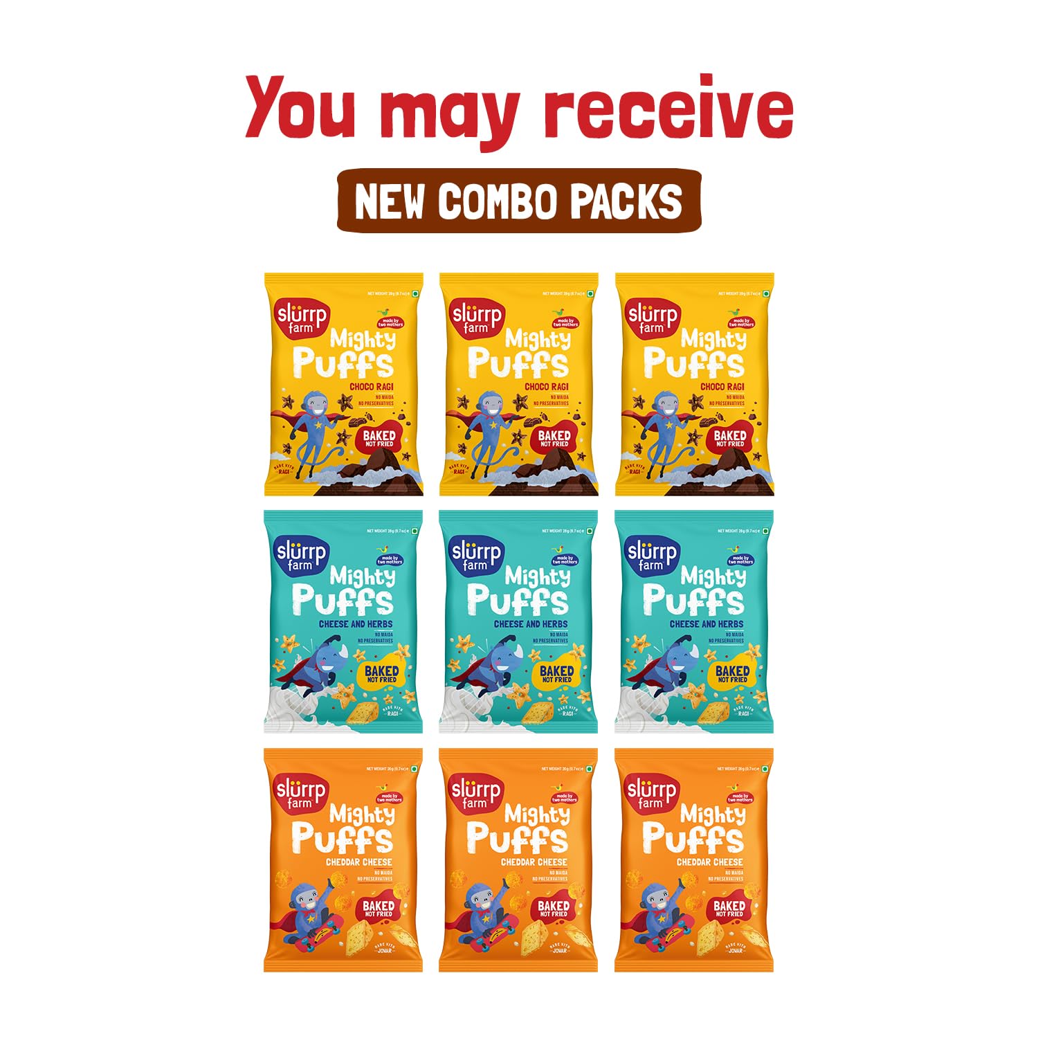Slurrp Farm Mighty Jowar Puffs | Khatta Meetha, Mild Masala and Cheddar Cheese | Not Fried, No Maida | Healthy Snacks for Kids, School Tiffin and Travel-Friendly | 9 x 20g packs