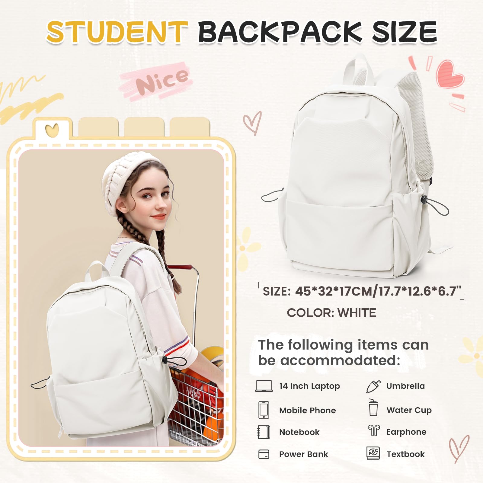 HYC00 Zaino Scuola Media Ragazza Zaino da Scuola Superiore Leggero Zaino Università College Zaino Casual Daypack Backpack Zaini Scuola Cartella Impermeabile 14 Pollici Laptop Bag Zainetto Zaini Donna