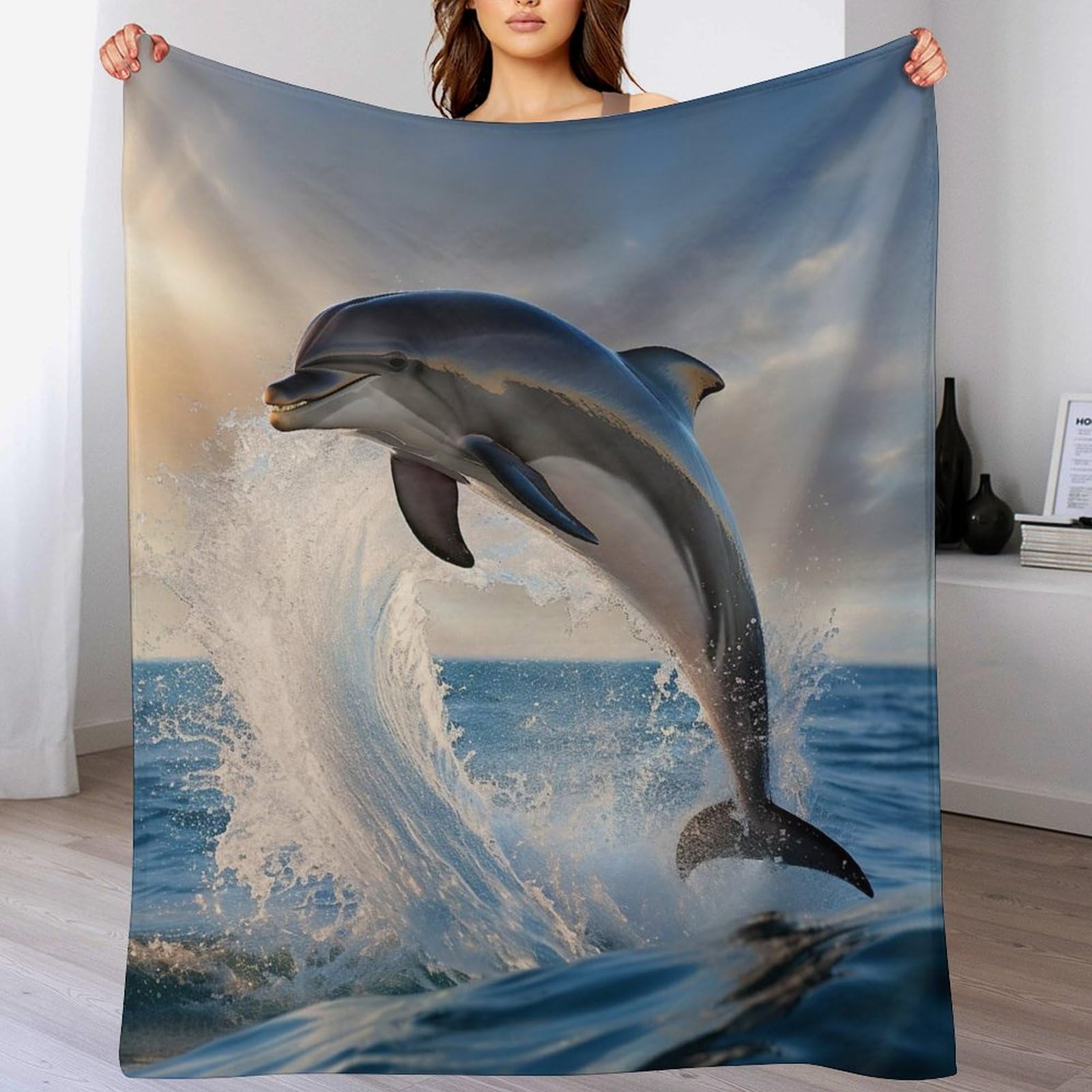 Couverture polaire dauphin en flanelle supérieure, jeté de lit moelleux 180x200cm