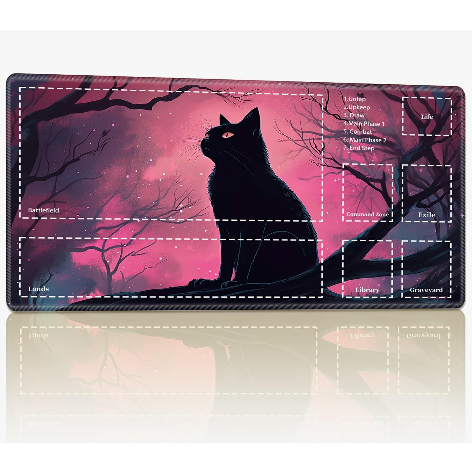 Playmat with Zones for MTG Magic The Gathering, 24 x 14 inches Stitched TCG Trading Card Play Mat Commander Board Game Mats Smooth Rubber Surface Battle Game Desk Mat, Cat in Pink Sky — image 1