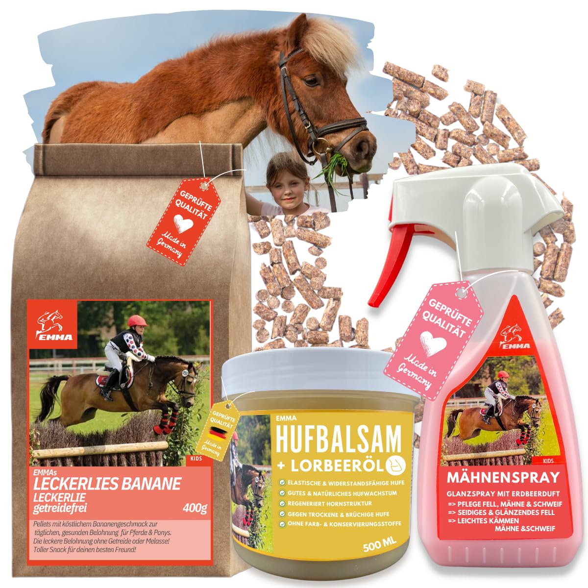 Set Cura Cavallo Emma: Bocconcini Banana, Spray Lucidante E Grasso Per Zoccoli Con Olio Di Alloro