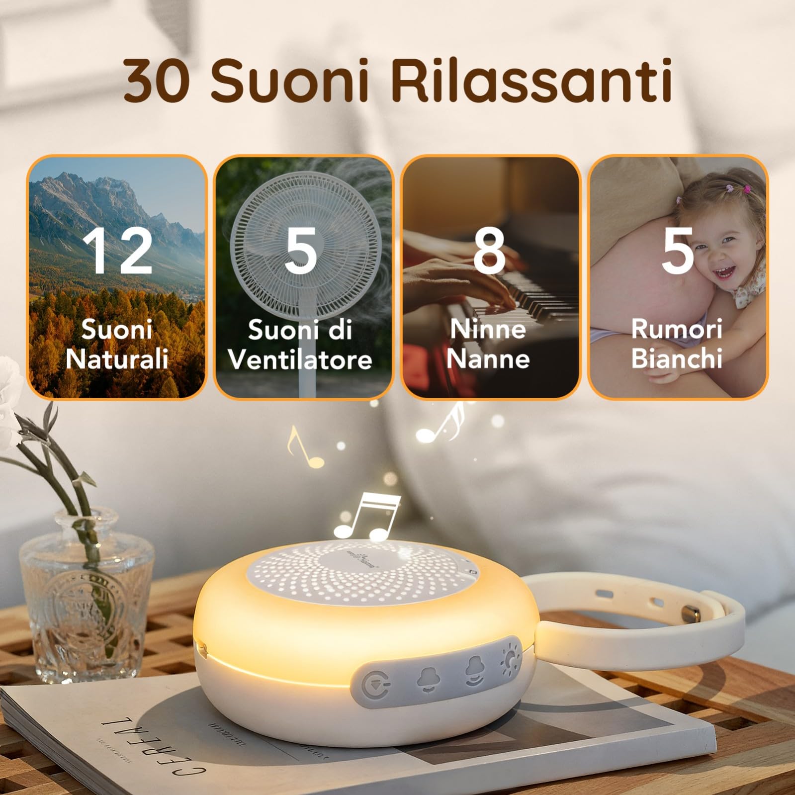 Easy@Home Macchina per Rumori Bianchi Portatile con 30 Suoni Rilassanti, Timer Automatico e Luce Notturna | Ideale per Neonati e Adulti, Generatore di Rumore Bianco per Dormire e Rilassarsi