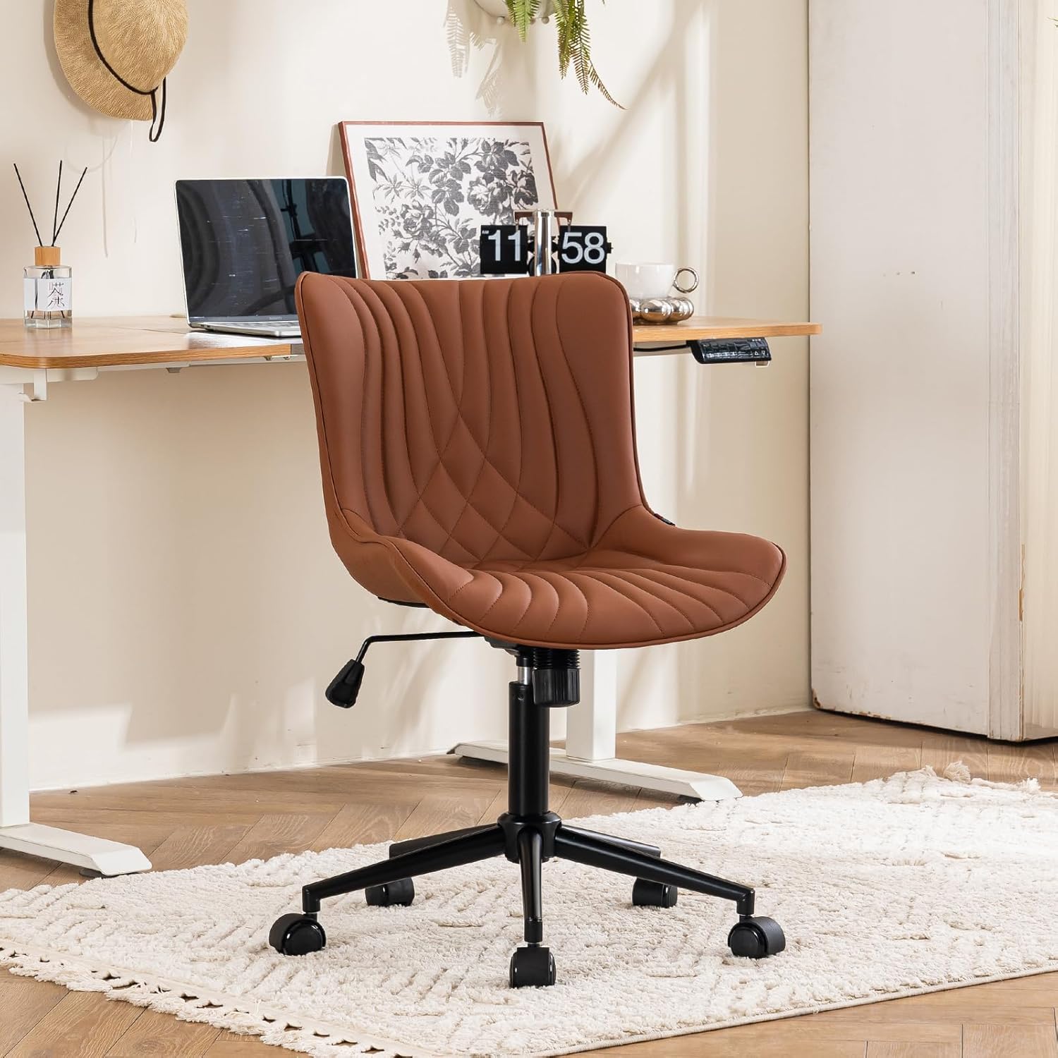 YOUTASTE Coffee Brown Office Chair Modern Armless Desk Chair with Wheels Adjustable Swivel Rocking Rolling Computer Study Chairs