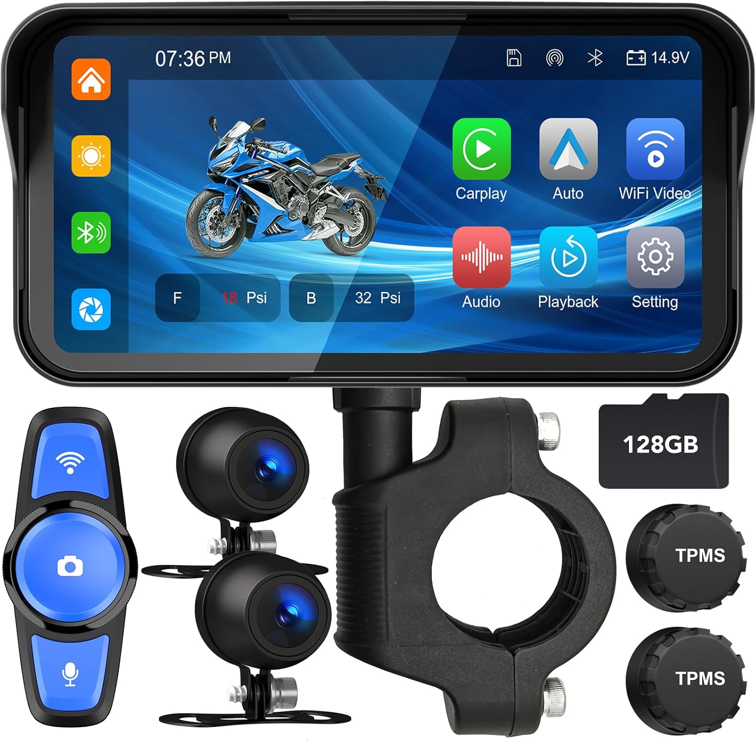 6.25" Motorcycle Carplay with GPS Navigation System, IPS Waterproof Touchscreen, Inculed SD-128GB, TPMS, HD Touch Screen Auto and Dual 1080P Camera/Dash Cam, Support iOS/Android, BT, Siri