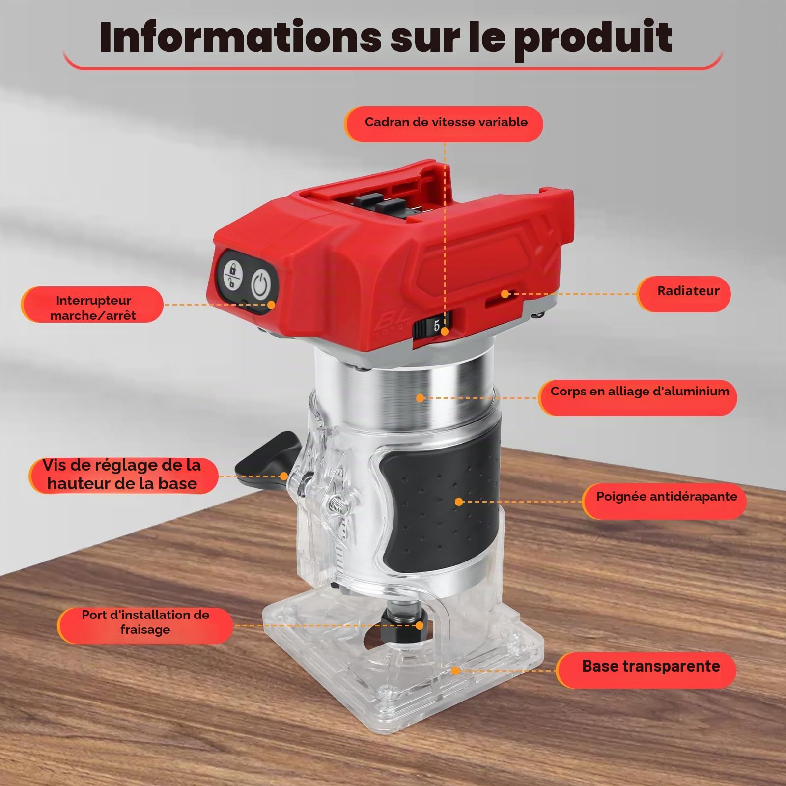 Défonceuse sans fil compatible avec batterie Milwaukee 18 V, 800 W sans balais avec 5 vitesses, 30 000 tr/min, 5 routeurs à col enfichable 1/4" pour le travail du bois, la coupe (sans batterie)