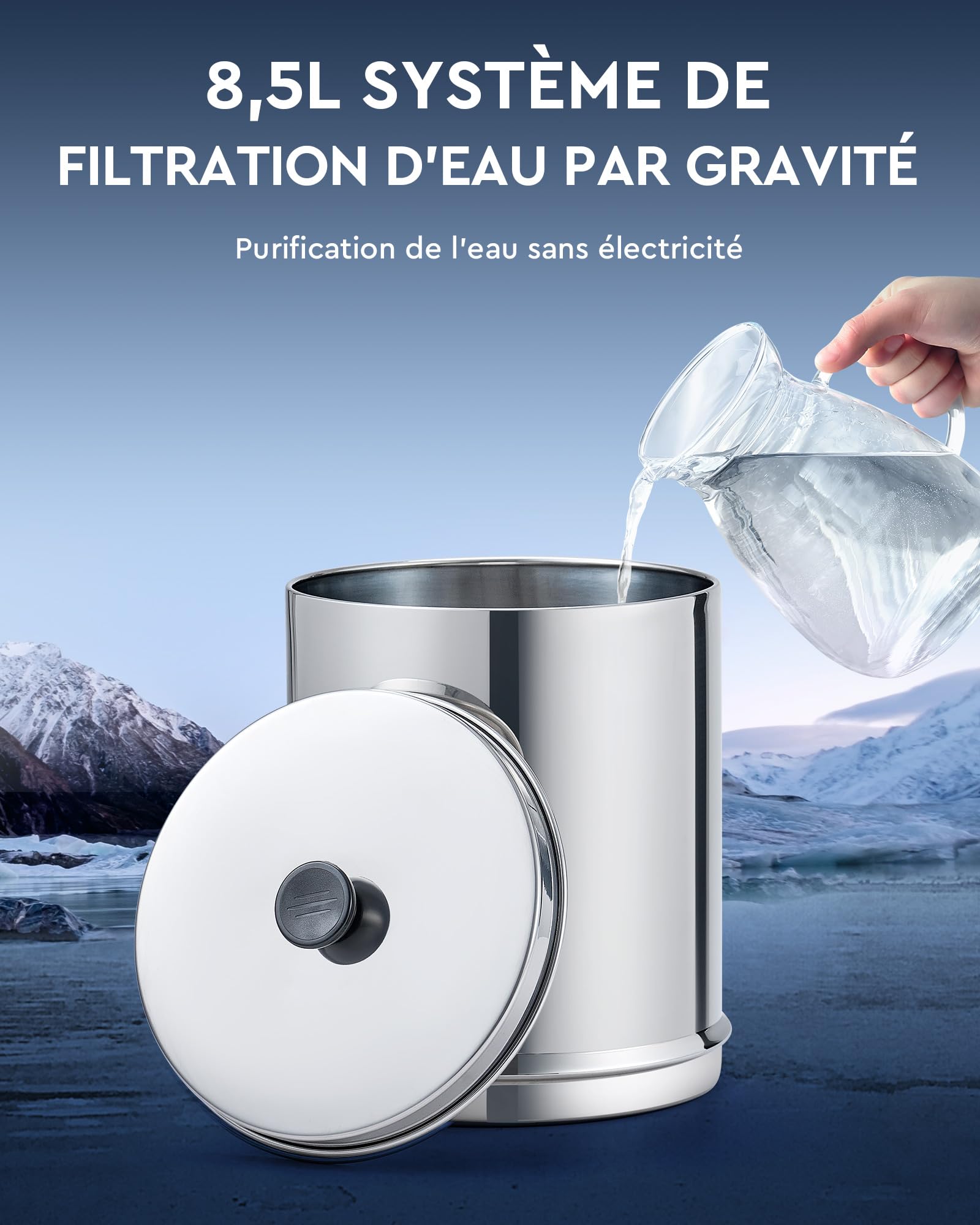 CO-Z 8,5L Système de Filtration d'Eau par Gravité en Acier Inoxydable 304 Purificateur d'Eau avec 2 Filtres à Carbone Robinet d'Eau Support Inclus, Certification NSF/ANSI 42