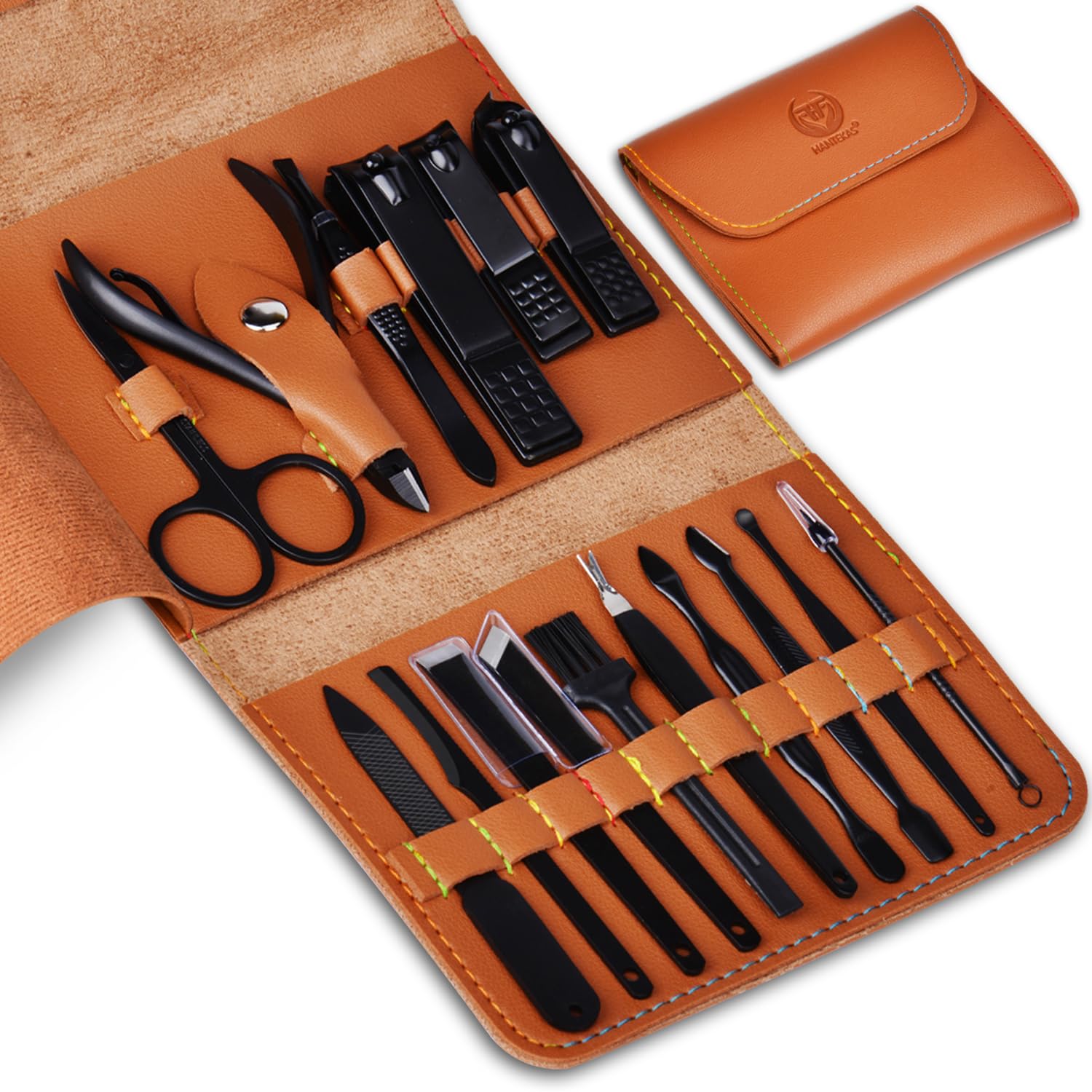 Manicure Set 16 in 1 Stainless Steel, Nail Clippers Cuticle Scissors Tweezers Pedicure Care Tools Kit - Portable Travel Grooming Kit for Men and Women with Brown Leather bag