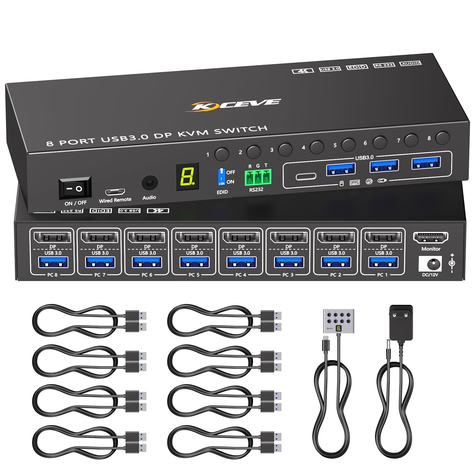 8 Port KVM Switch Displayport 4K@60Hz Simulation EDID, Displayport Commutateur KVM USB 3.0 pour 8 PC Partager 1 Moniteur et 4 Périphériques USB, avec Audio RS232 Télécommande Filaire et 8 Câbles USB