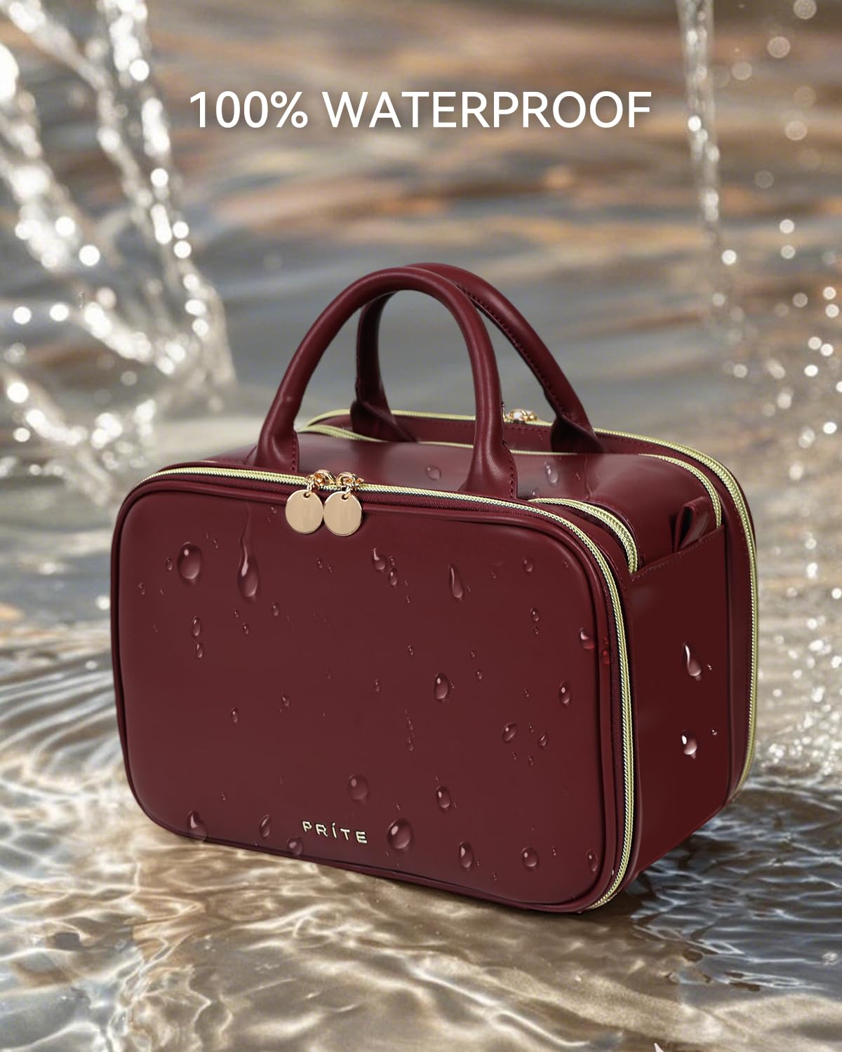 Prite Beauty case da donna, grande capacità, impermeabile, da viaggio, borsa da toeletta aperta e piatta, con supporto per pennelli e manico autoportanti, Borgogna, Large, moderno