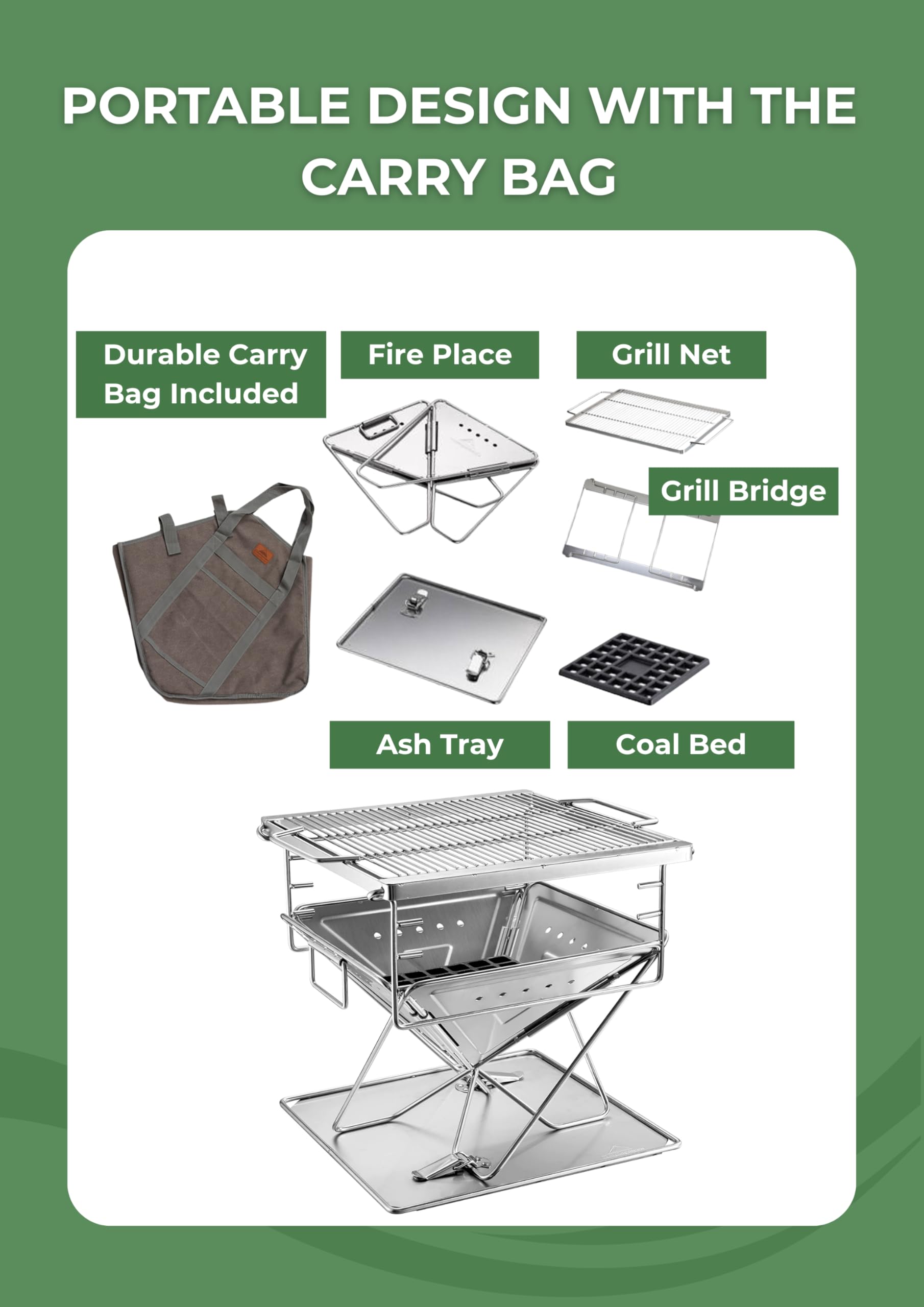 Campingmoon MT-035 - Griglia portatile 3 in 1, in acciaio INOX, per legna e braciere, 35,6 x 39 cm, con borsa per il trasporto