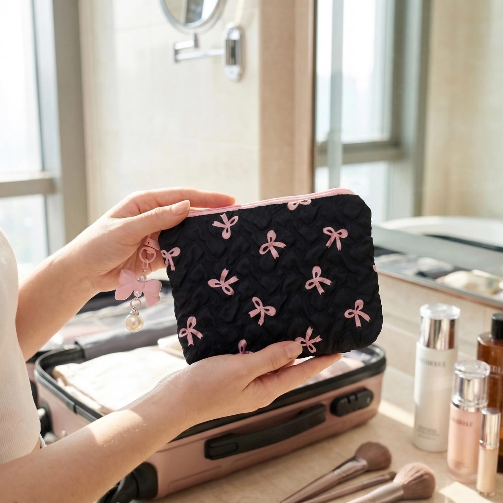 Set di 2 trousse per trucchi piccoli, con eleganti fiocchi, mini borsa per trucco, borsa per trucco, borsa per trucco, borsa per cosmetici, borsa da toilette da donna, 14 x 10 cm