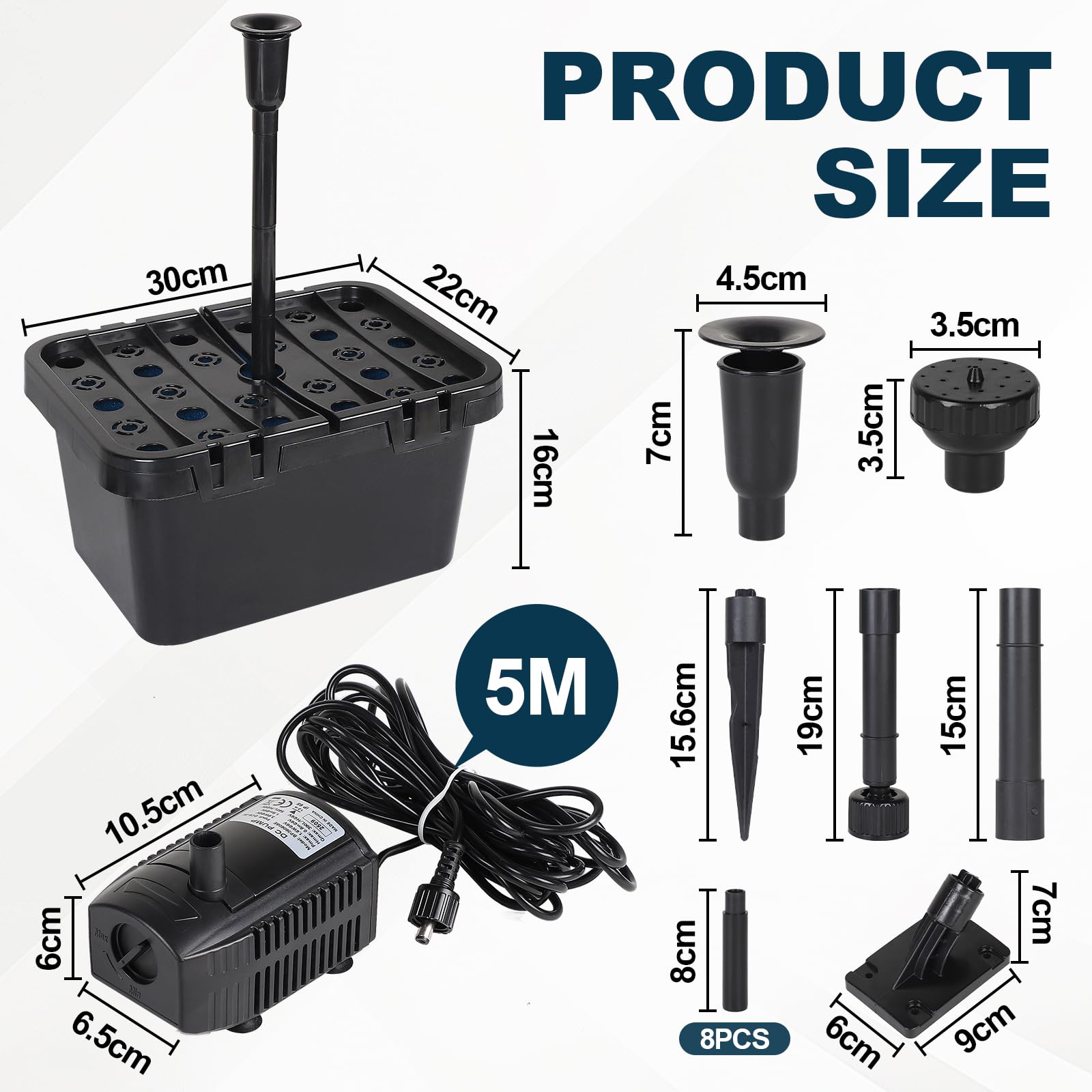 CPROSP Pompa per laghetto solare 390 l/h, pompa per laghetto da esterno con 2 inserti per fontana, modulo solare da 8 Watt, pompa solare, set completo per acqua pulita in laghetto da giardino