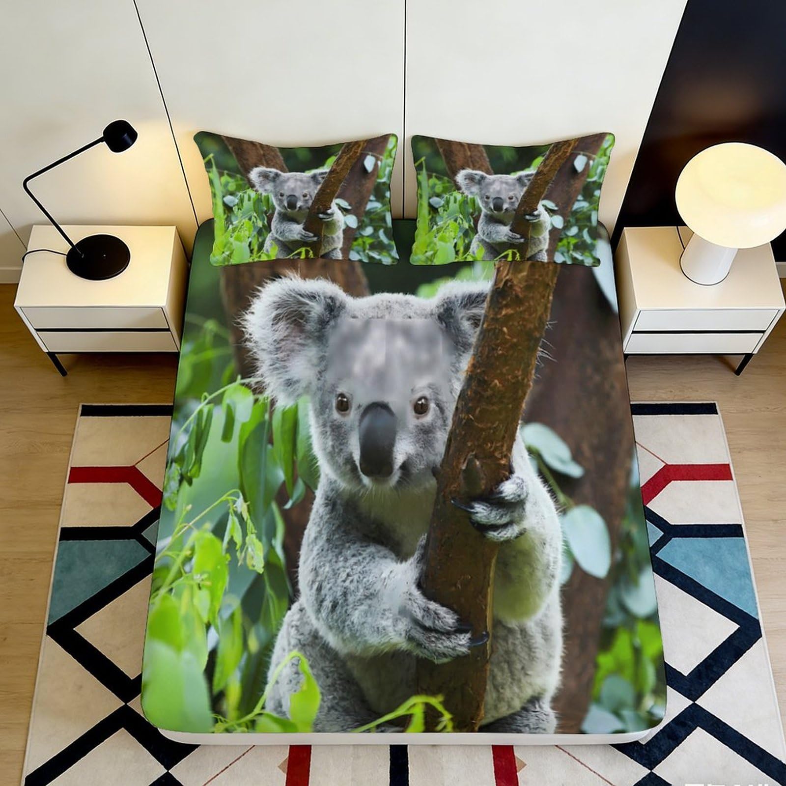 3D Printed Koala Forest Fitted Sheet Microfiber Anti-Slip Bed Cover for Bedroom Guest Room Dorm Mattress Decor 90x200x25cm
