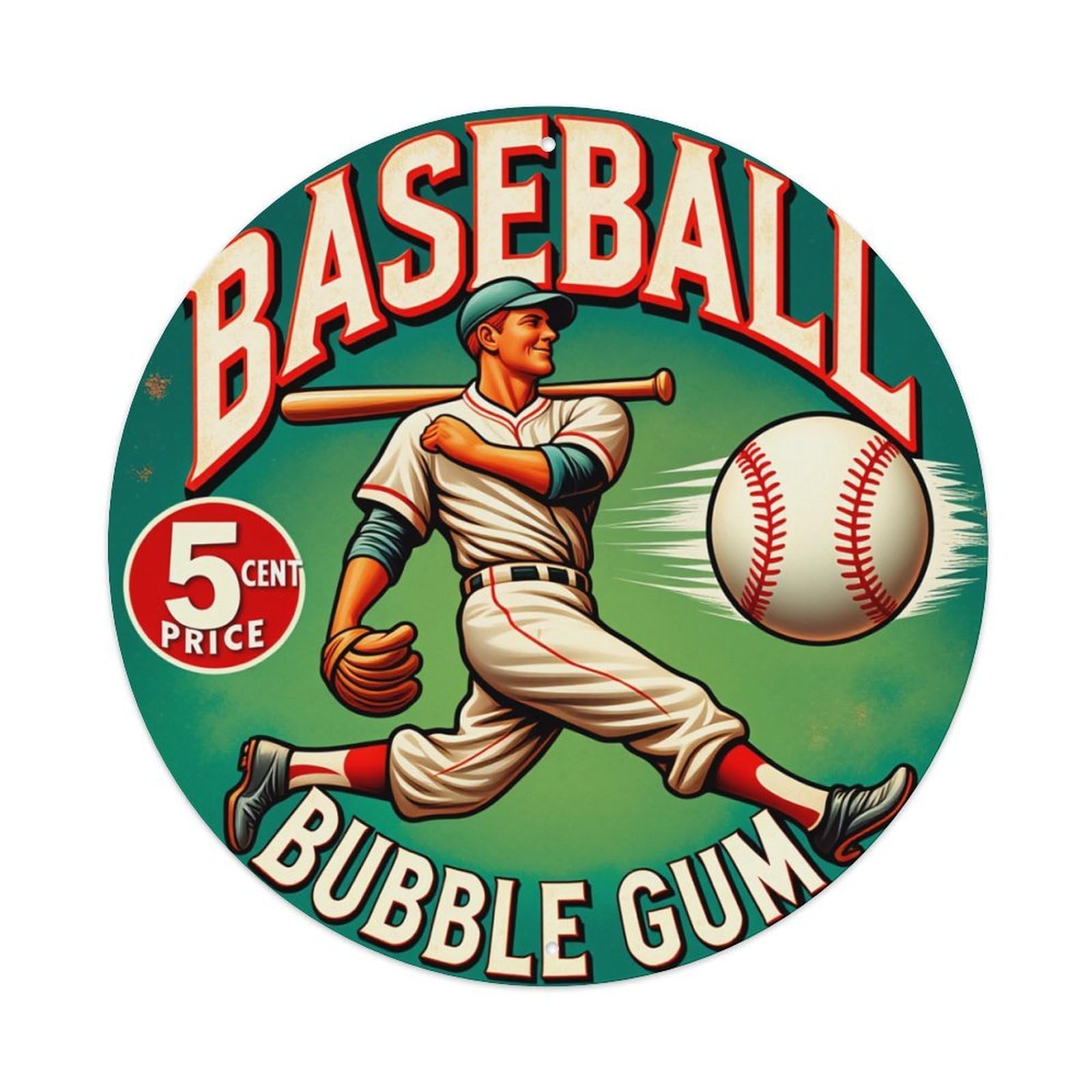 Baseball Player Bat Ball Gum Round Tin Sign Retro Metal Sign for Cafe Bar Pub Home Game Room Gym Club Wall Decoration Vintage Metal Poster 8x8 Inch