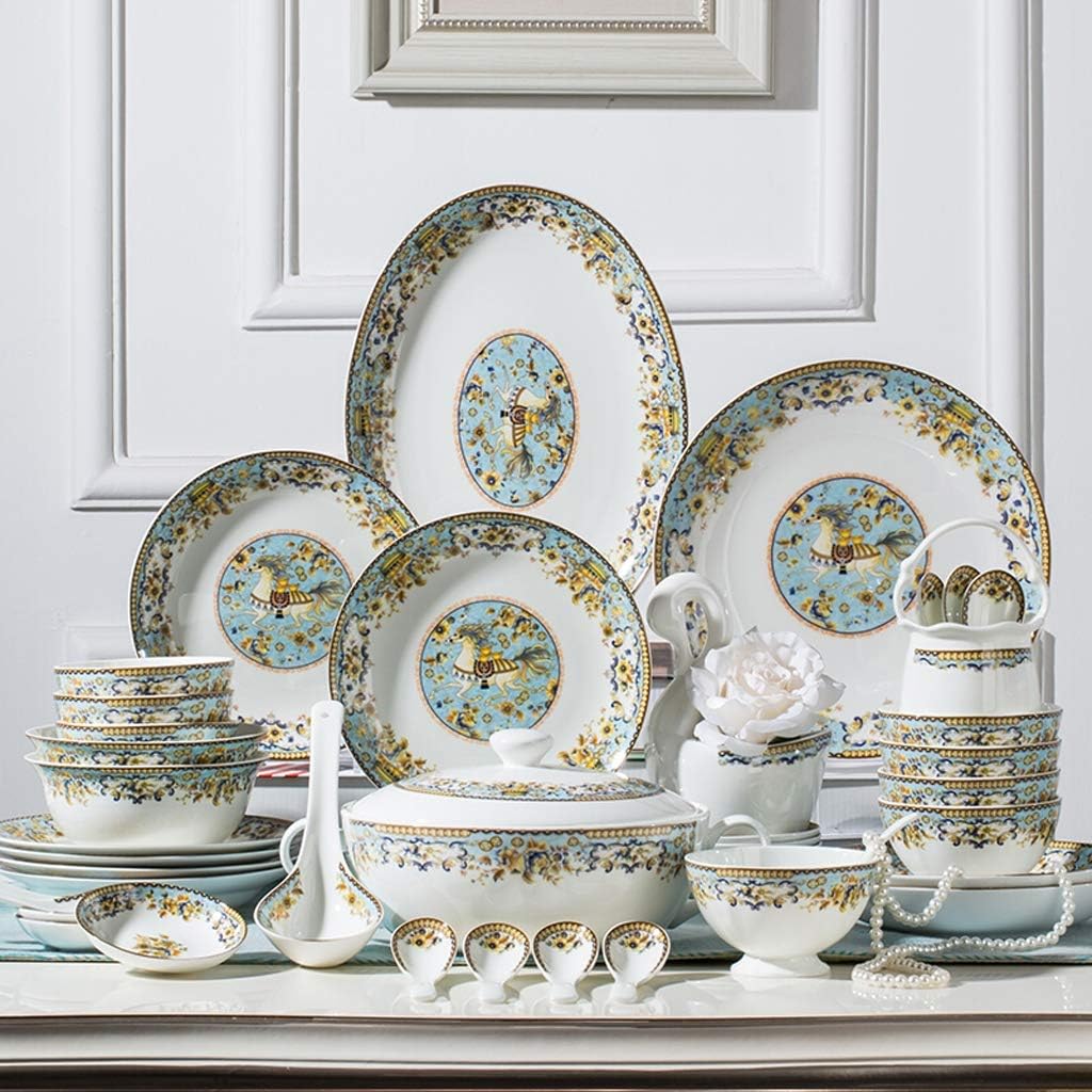 Ceramics Dinnerware Set with 48-Piece,Bowl/Stockpot/Dish/Spoon|Bone China Dinner Sets, Golden Horse Pattern Porcelain Combination Set