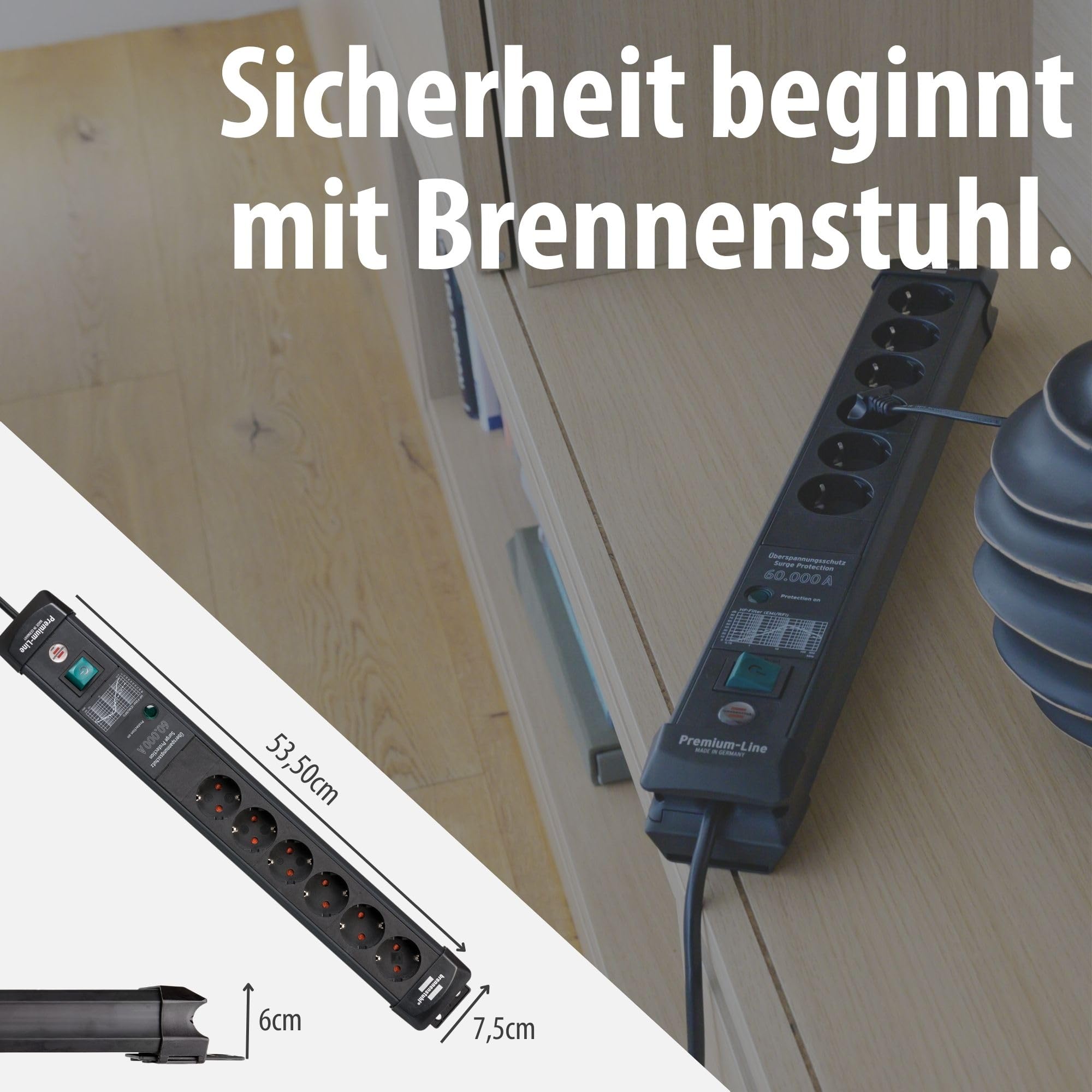 Brennenstuhl Premium-Line Steckdosenleiste 6-Fach mit Überspannungsschutz | Bis zu 60.000A, Mehrfachsteckdose mit Schalter und 3m Kabel, Steckdosenleiste Wandmontage, Made in Germany, schwarz