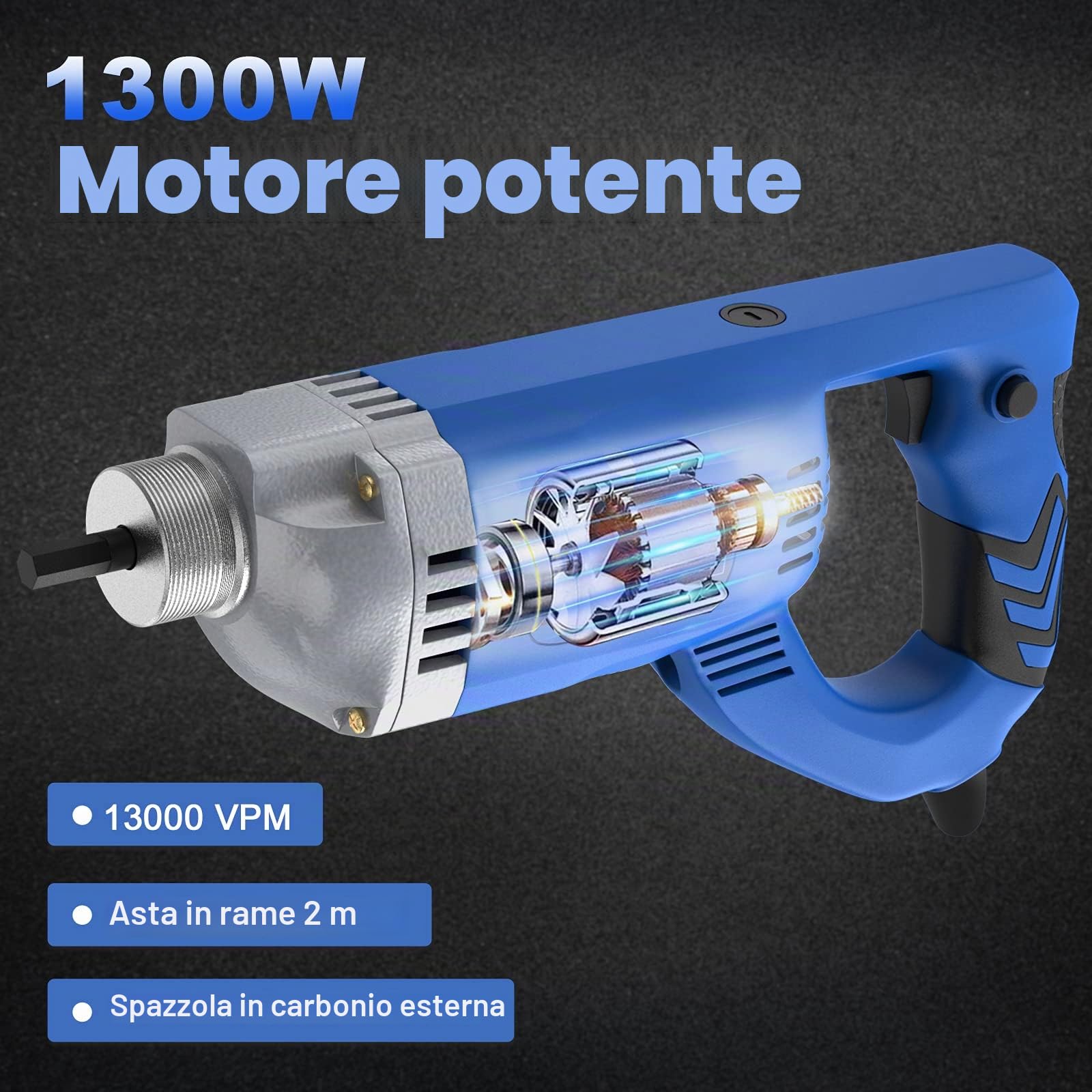 IMAYCC Vibratore per Calcestruzzo Elettrico,1300 W, 220 V, 4300 giri/min, tubo di 2 m, Spazzola di carbone esterna.