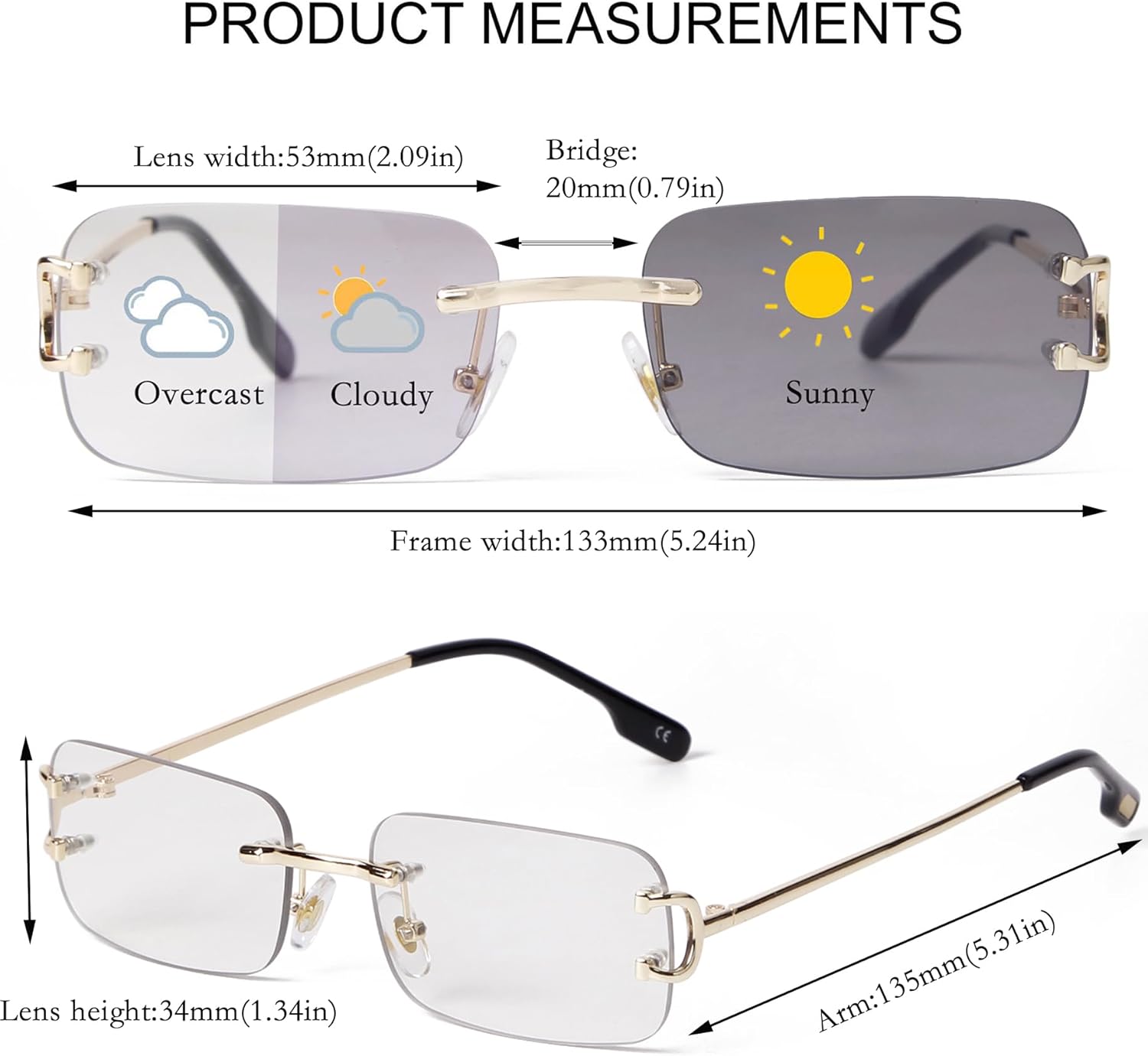 SDINM Photochromic Sunglasses for Men Women Rimless Clear Glasses Small Narrow Rectangle Lens - Image 6