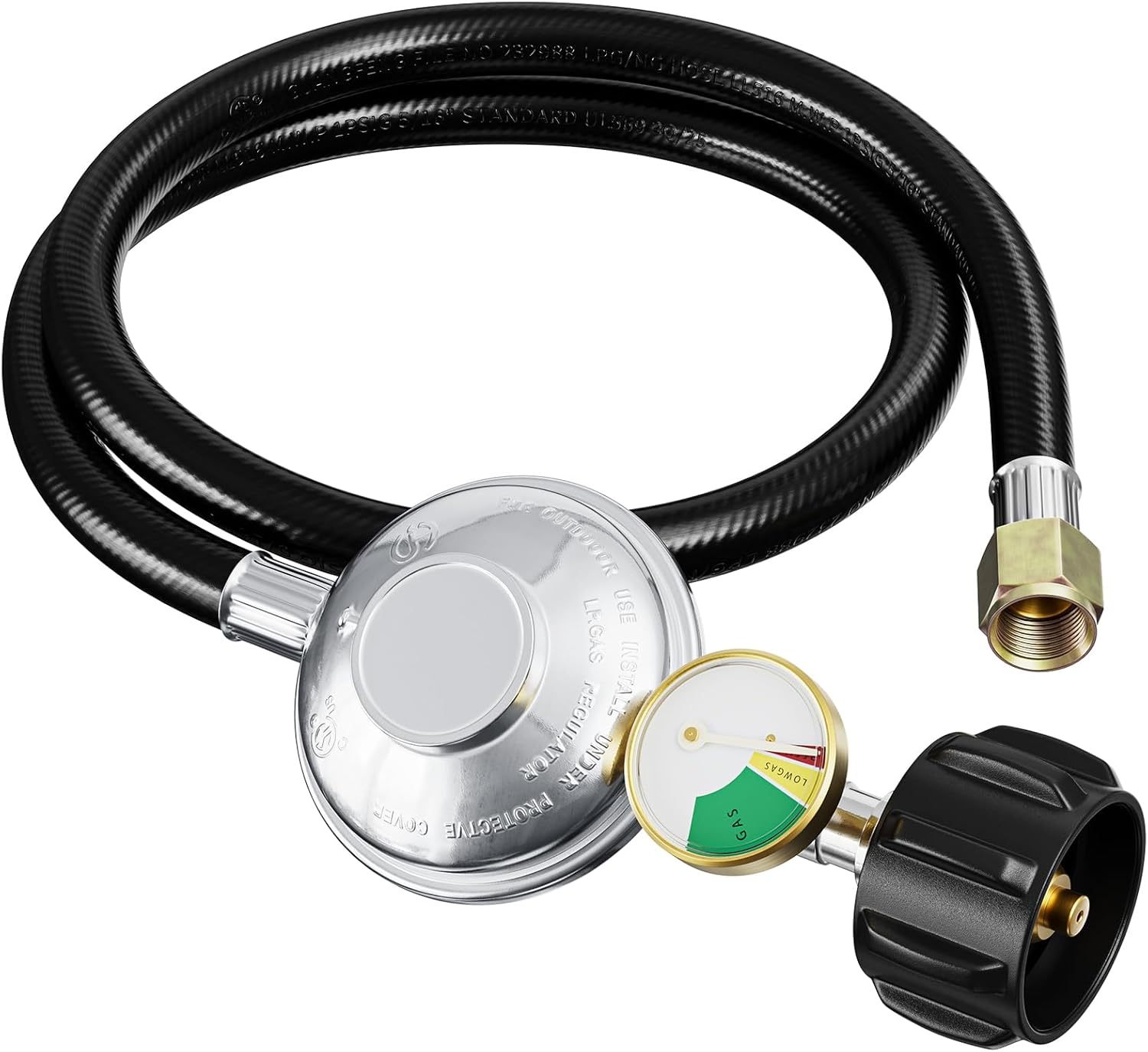 3 Feet Propane Regulator Hose with Propane Tank Gauge, Universal Gas Grill Regulator and Hose for Weber, Charbroil, Gas Grill, Propane Patio Heater and Fire Pit, QCC1 x 3/8" Female Flare 3FT with Gauge - Image 1 of 7