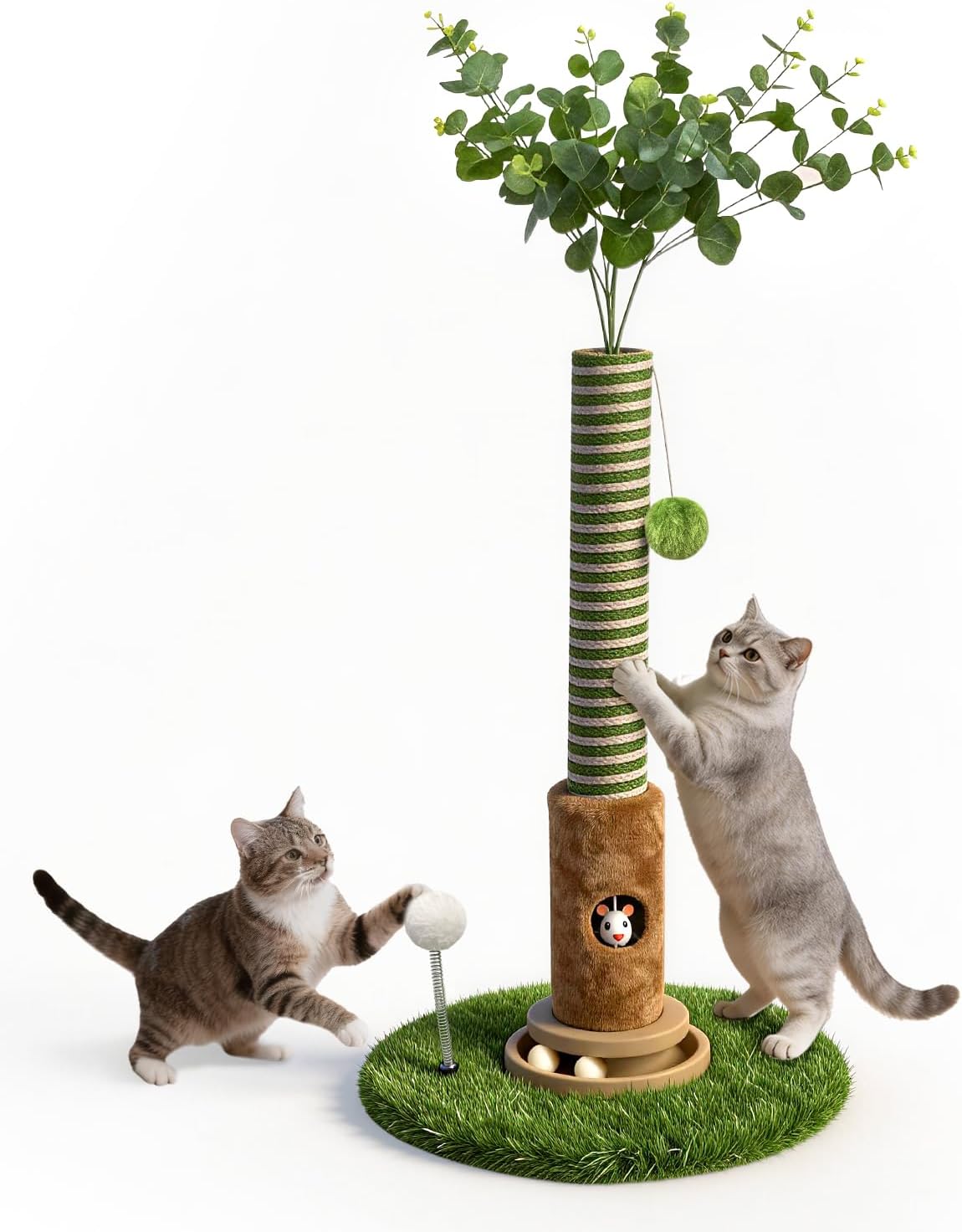 40'' Tall Cat Scratching Post Indoor for Large Cats, 3.5" Thick Natural Sisal Rope Cat Scratcher, Sturdy Indoor Cat Scratching Posts with Interactive Play Balls for Adult Cats Kittens