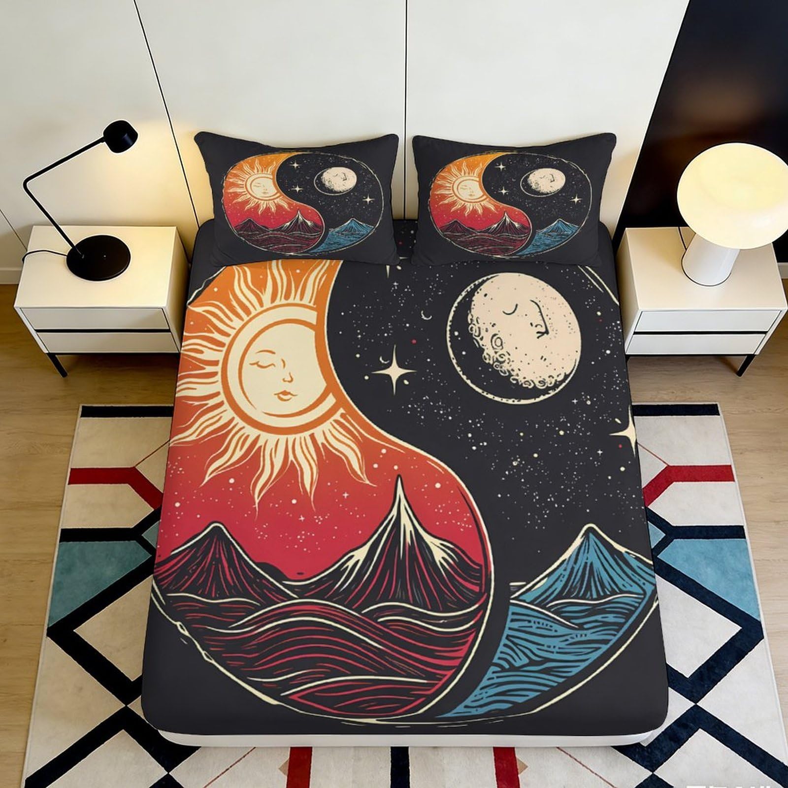 Zfldkwgb Style-4 3D Printed Sun Moon Yin Yang Fitted Sheet Microfiber Soft Mountain Night Bed Cover For Bedroom Dorm Easy Care 90X200x25cm