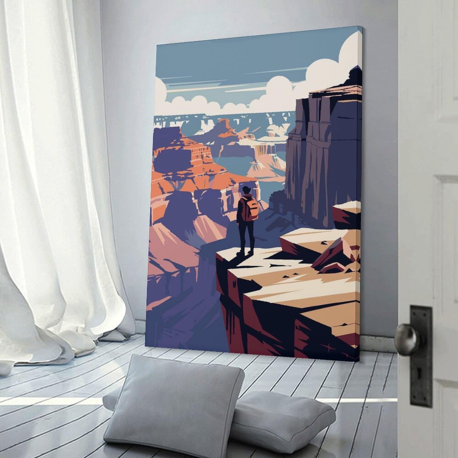 Junmoney Canvas Art Print Grand Canyon Hiker Illustration, 16x24inch(40x60cm), for Calm Bedrooms, Home Corners Or Flats, A Warm Accent for Relaxed Interiors