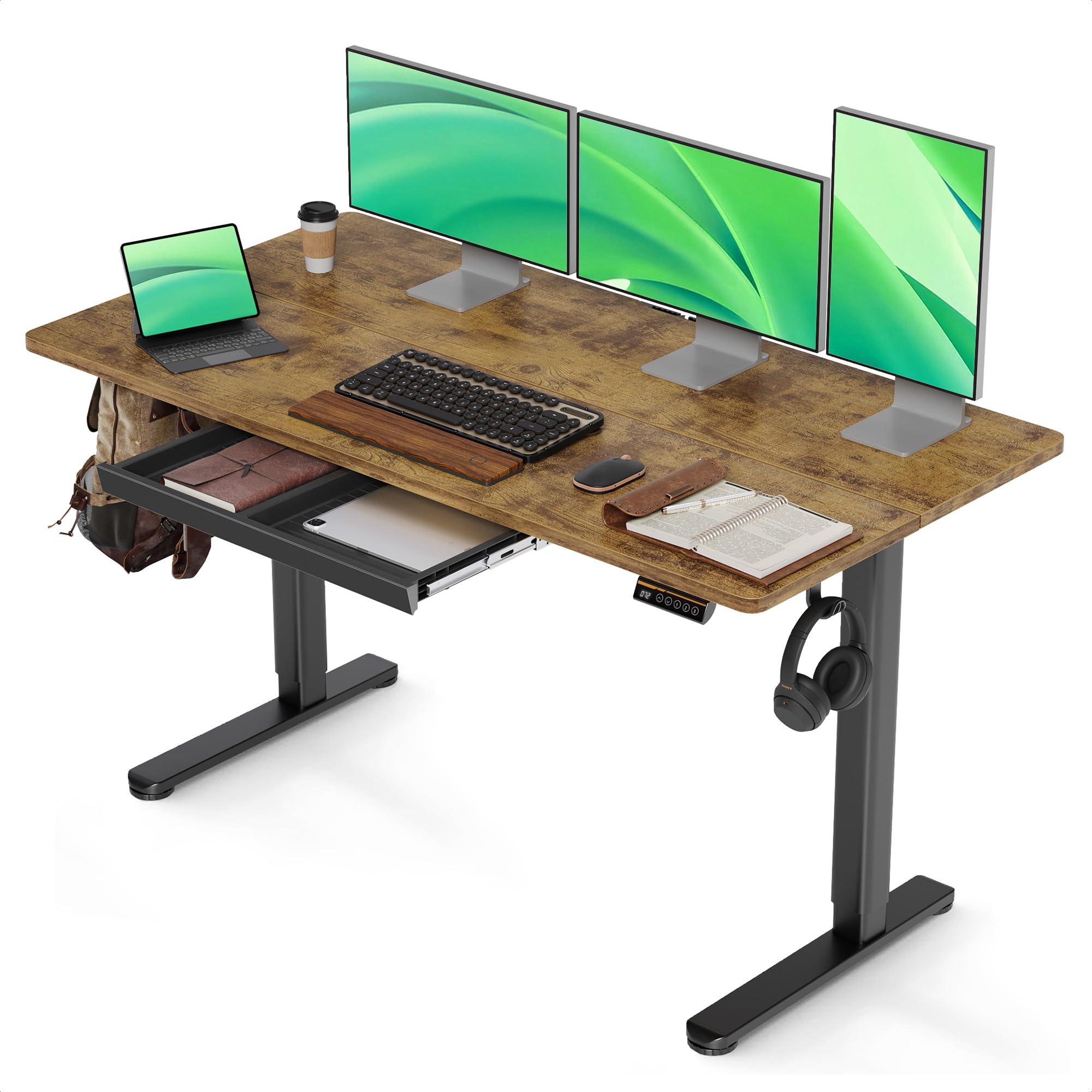 Claiks Standing Desk with Drawer, 140x60cm Electric Height Adjustable Desk with 3 Memory Presets, Ergonomic Home Office Desk with Storage & Cable Management, Rustic Brown