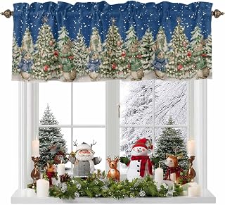 Kitchen Curtain Valance 42"x18",Blackout Rod Pocket Valances Winter Christmas Tree Bunny Baubles Small Window Treatment Panel for Living Room Bedroom Bathroom Windows,Pine Snowflake on Blue