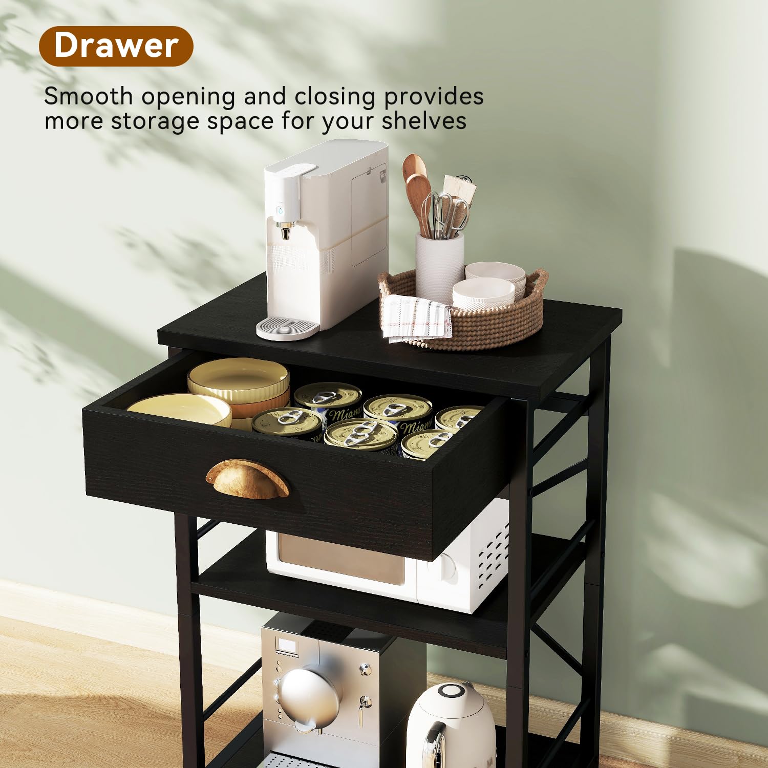 IBUYKE – Étagère boulanger de cuisine avec tiroirs, support à 3 niveaux pour four à micro-ondes avec espace de rangement, table de bar à café avec roulettes, étagère réglable, montage simple, noir