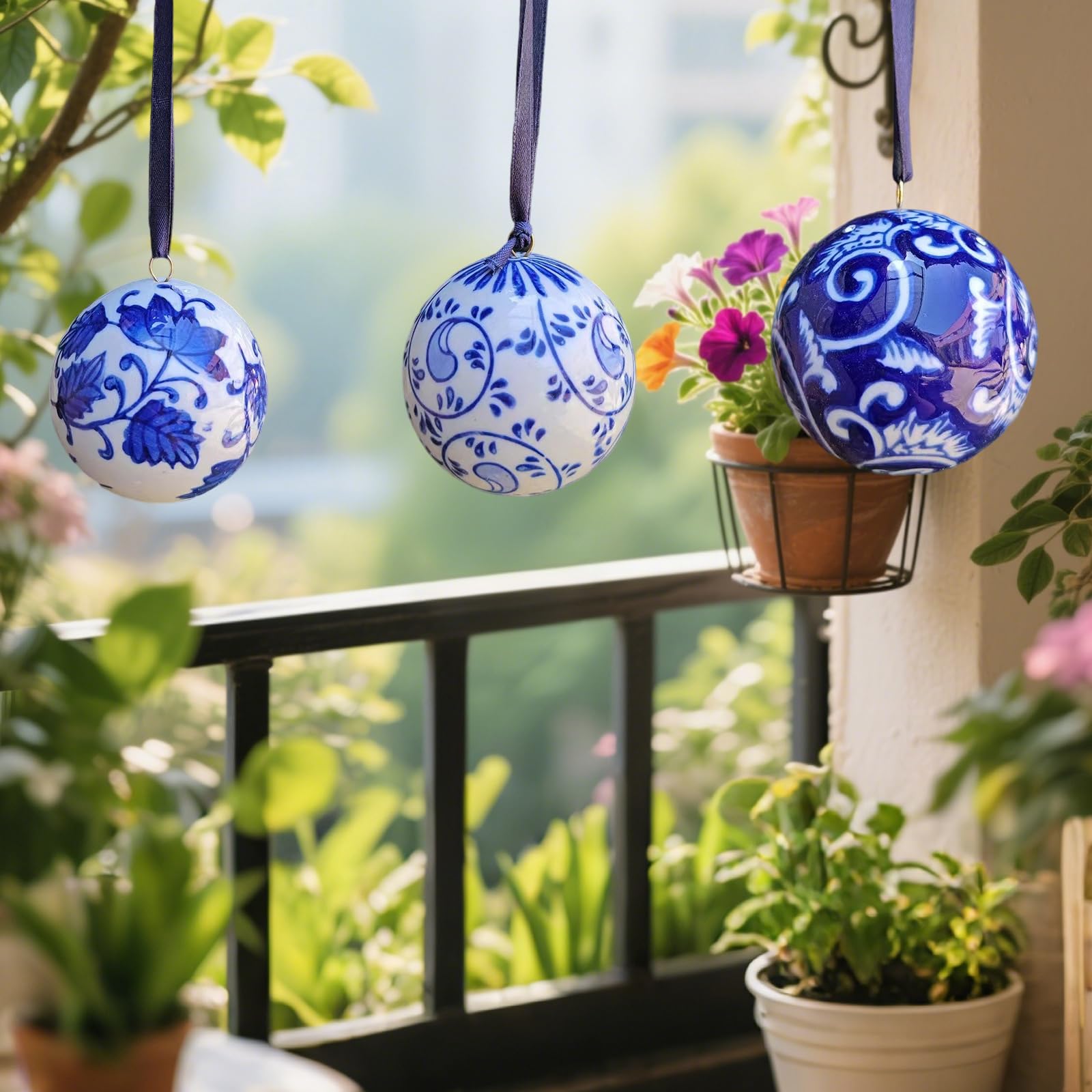 Paquete de 6 adornos de Navidad de porcelana azul pintados a mano para decoración festiva