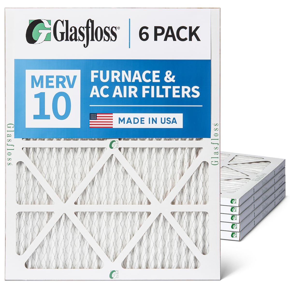 Glasfloss Merv 10 Faltenfilter, passend für Träger, 6 Stück | Passend für Bryant, Carrier, Payne, Bewertung: MERV 10, MPR 800, FPR 7, langlebiger, robuster Rahmen, hergestellt in den USA