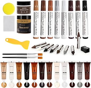 DEWEL Wood Furniture Repair Kit, New Upgrade Wood Fillers, Furniture Touch Up Markers, Wax Sticks, Wood Putty with Beeswax...