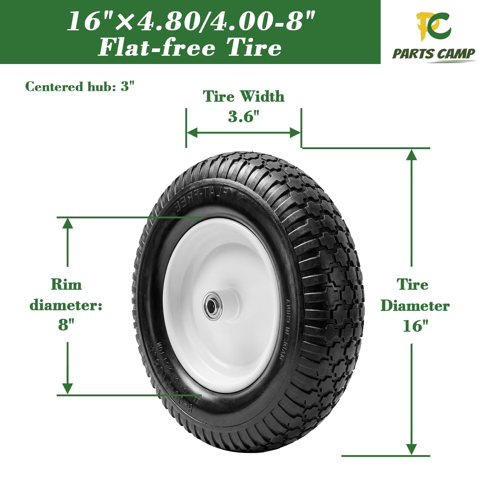 Parts Camp 12,9 cm / 4,8 - 20,3 cm flache Schubkarrenreifen und Rad – 40,6 cm universelle Passform für Gartenwagen, Wagen, Trolley, Dolly – 1,6 cm & 3/4 Zoll Lager, 7,6 cm zentrierte Nabe (2 Stück)