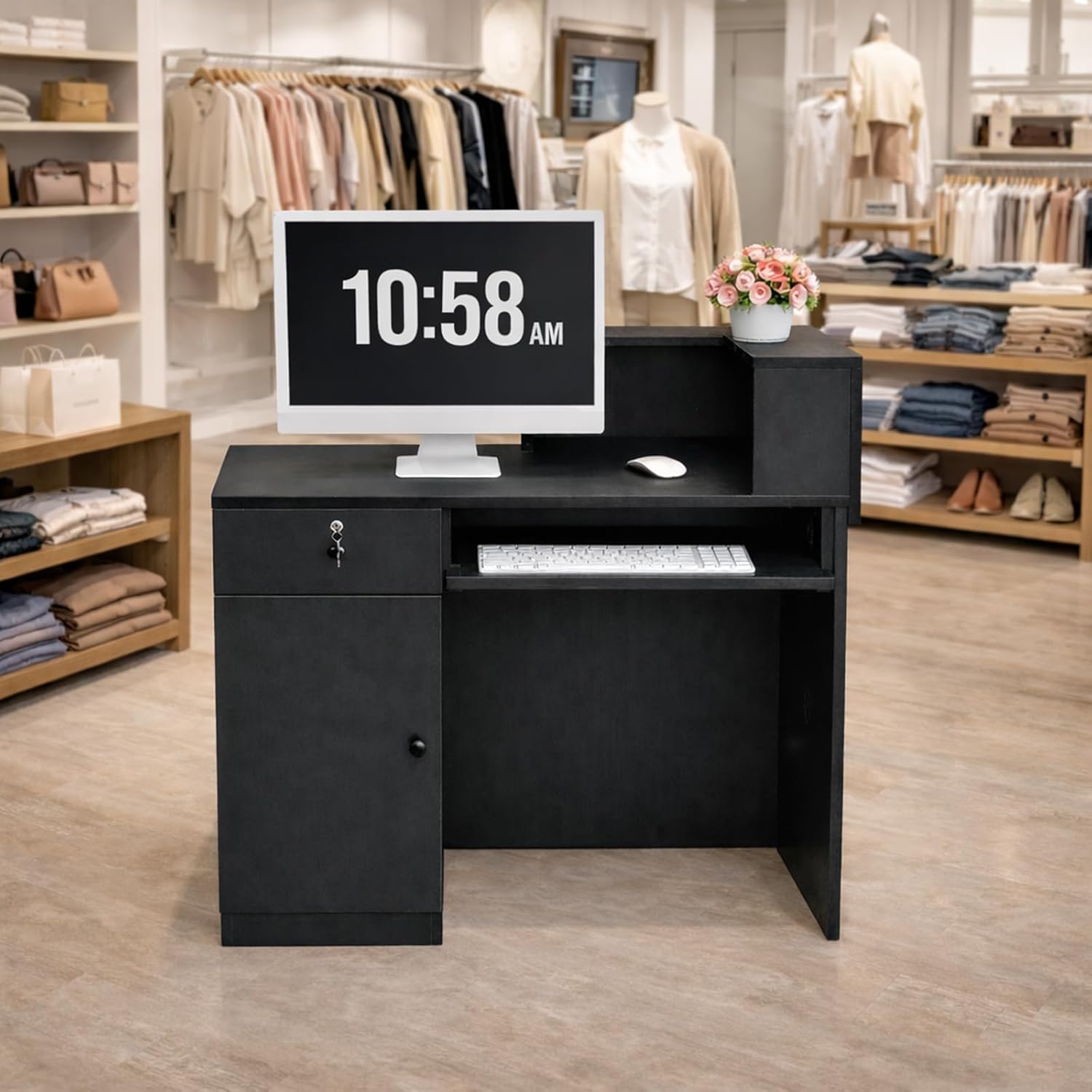 Modern Reception Desk with Storage Drawer & Counter Shelf, 39.4" Front Counter Reception Table for Office, Salon, Lobby, Retail Store (Black, Left Table)