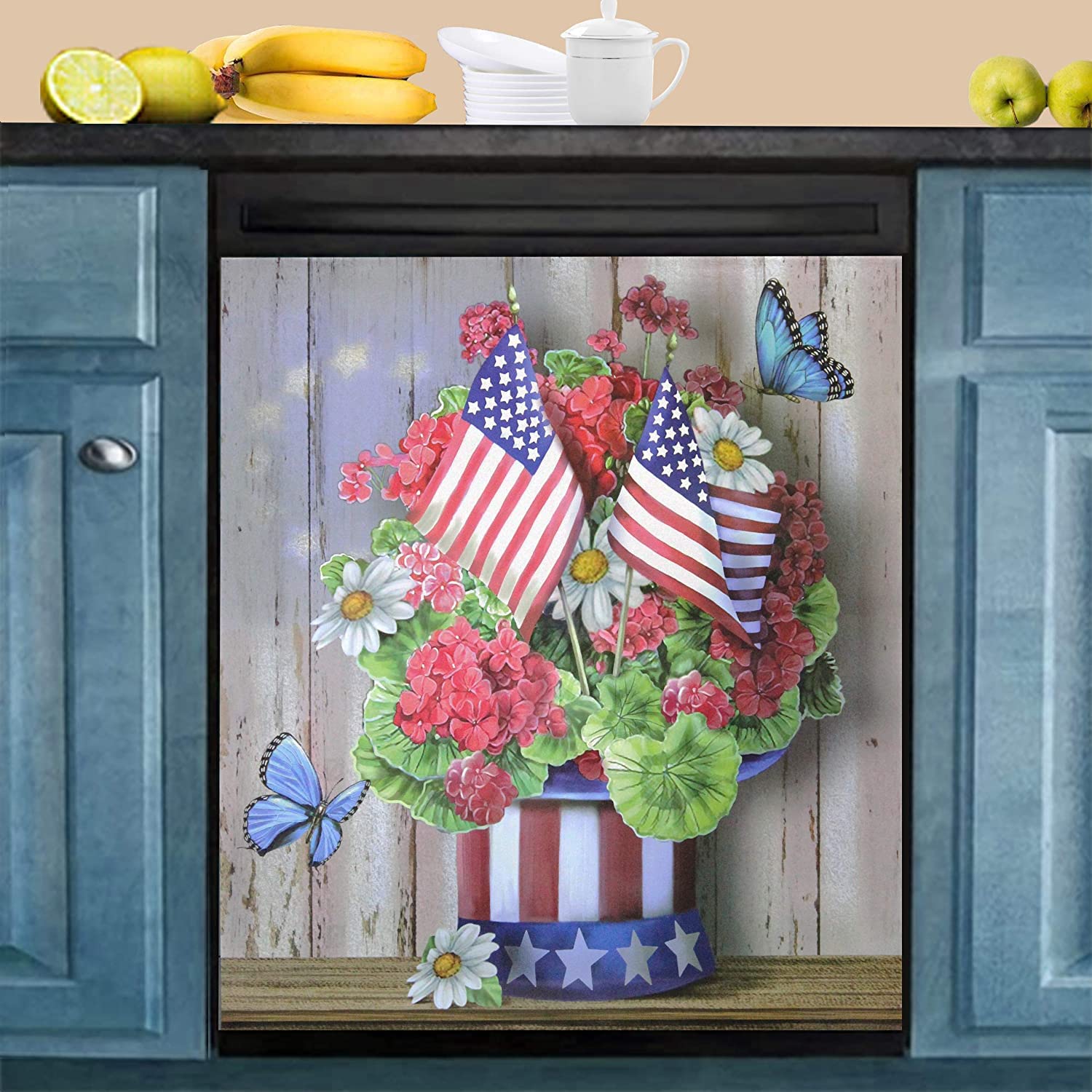 Magnetic Dishwasher Door Cover with National Flag Flowers and Butterfly Dishwasher Magnet Cover Kitchen Decoration Magnetic Sticker Refrigerator Door Magnetic Decal Panel Decal 23" W x 26" H