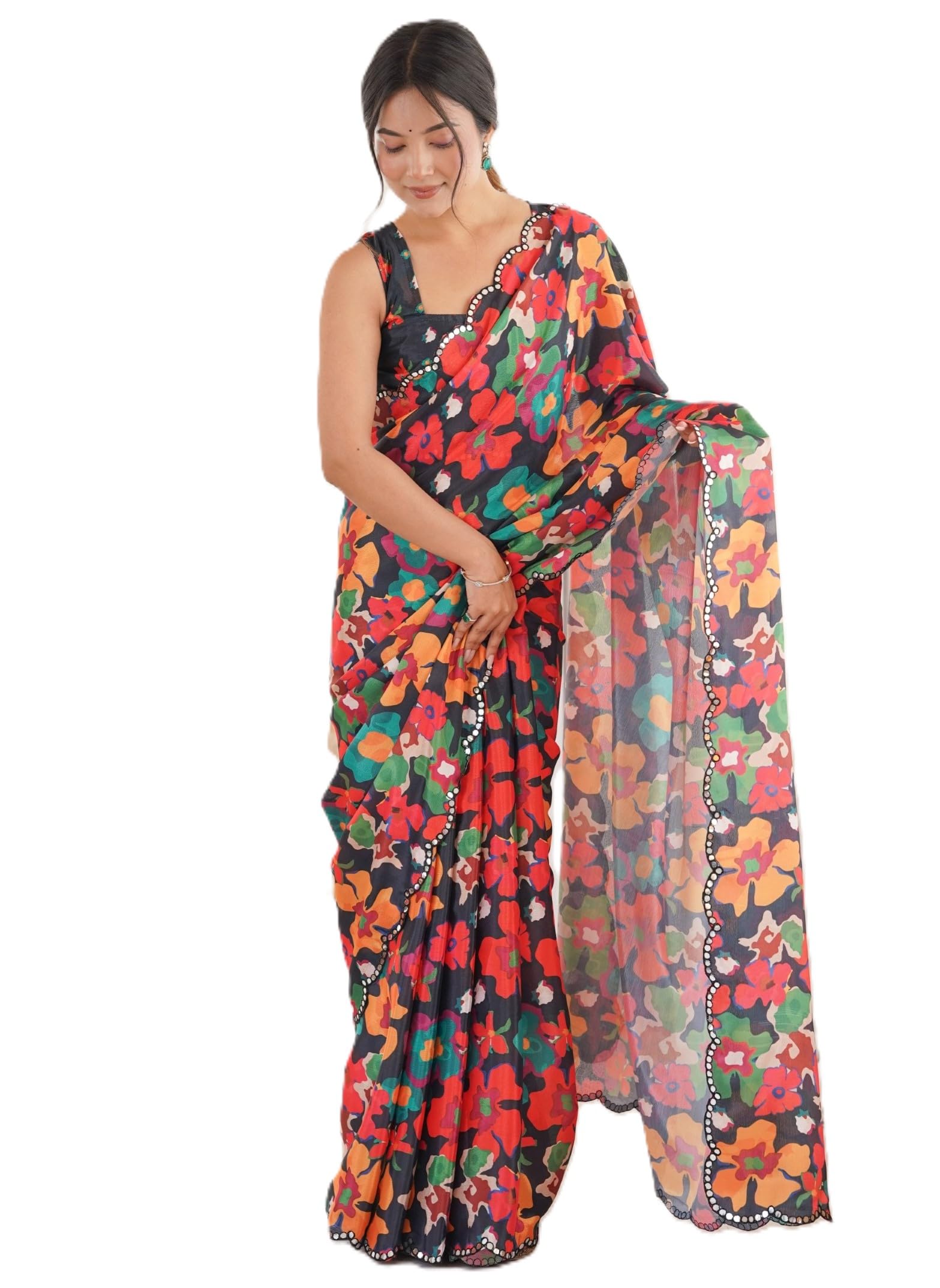 Women's Chinon Printed Saree With Unstitched Blouse Piece-picture-38