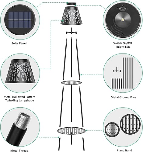 Miniatura 8 de Lámparas solares de pie de metal de 45.5 pulgadas para exteriores con 2 soportes para plantas, paquete de 2 faroles solares impermeables para