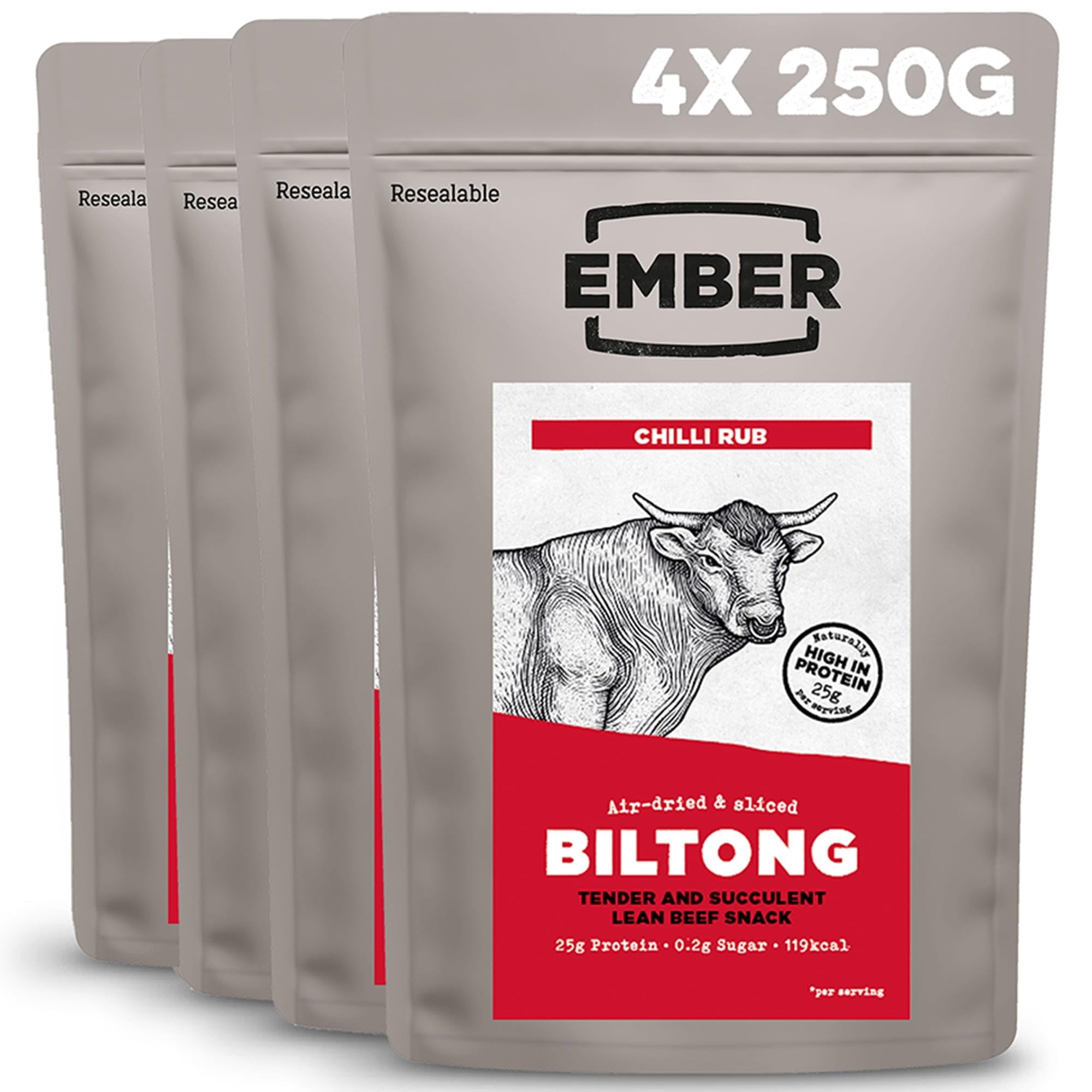 Ember Rindfleisch Biltong Chilli 1kg - Proteinreicher Trockenfleisch Beef Jerky Snack - Fettarm, Keto, ohne Zuckerzusatz - 4 x 250-g-Verschlussbeuteln (Verpackung kann variieren)