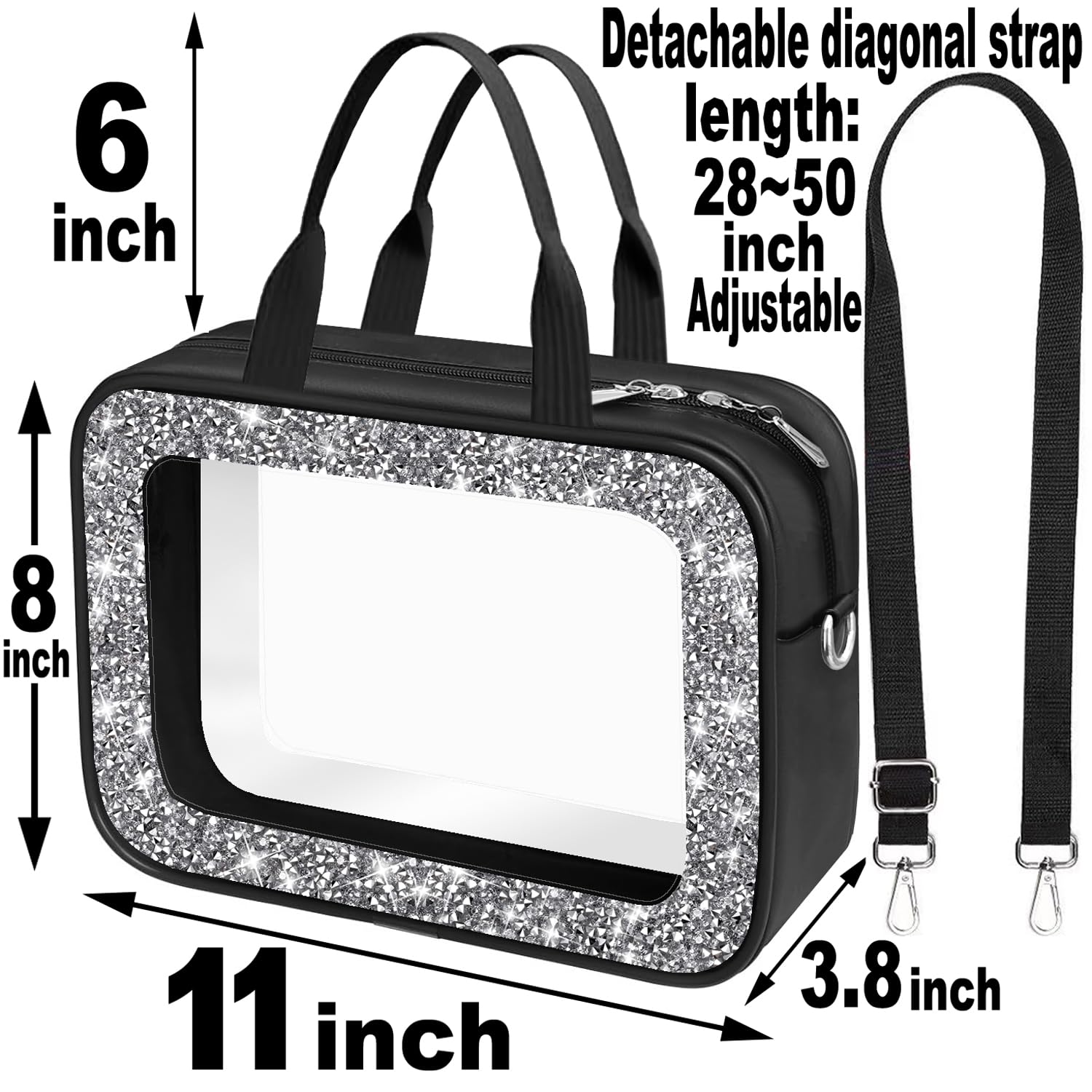 Meetart Trousse de toilette de voyage en cuir avec strass écrasés, Noir diamant, Tendance