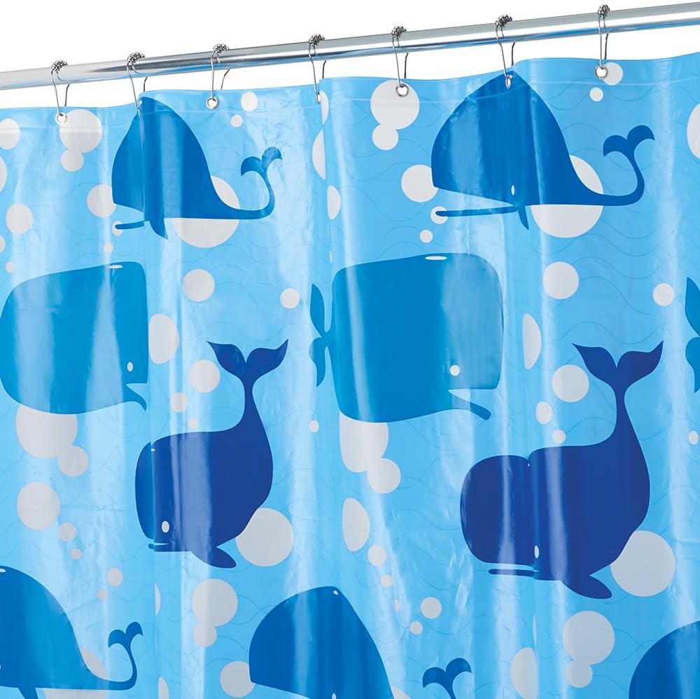 iDesign Moby Plastic Whale Shower Curtain, PVC-Free Waterproof Liner with Whales for Kids', Guest, College Dorm, Master Bathroom, 72" x 72" - Blue