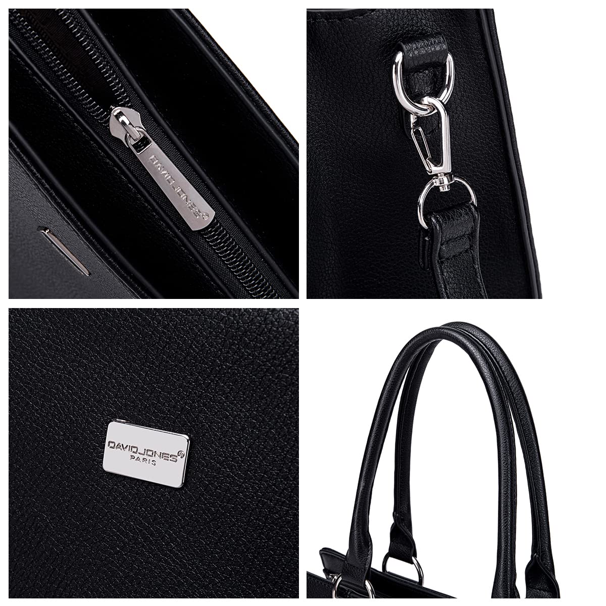 David Jones - Bolso de Mano Mujer Gran Capacidad - Tote Shopper Cuero PU - Bolso Hombro Bandolera Asa Superior Trabajo - Maletín Satchel Portadocumentos - Diario Vida Escuela Oficina - Negro