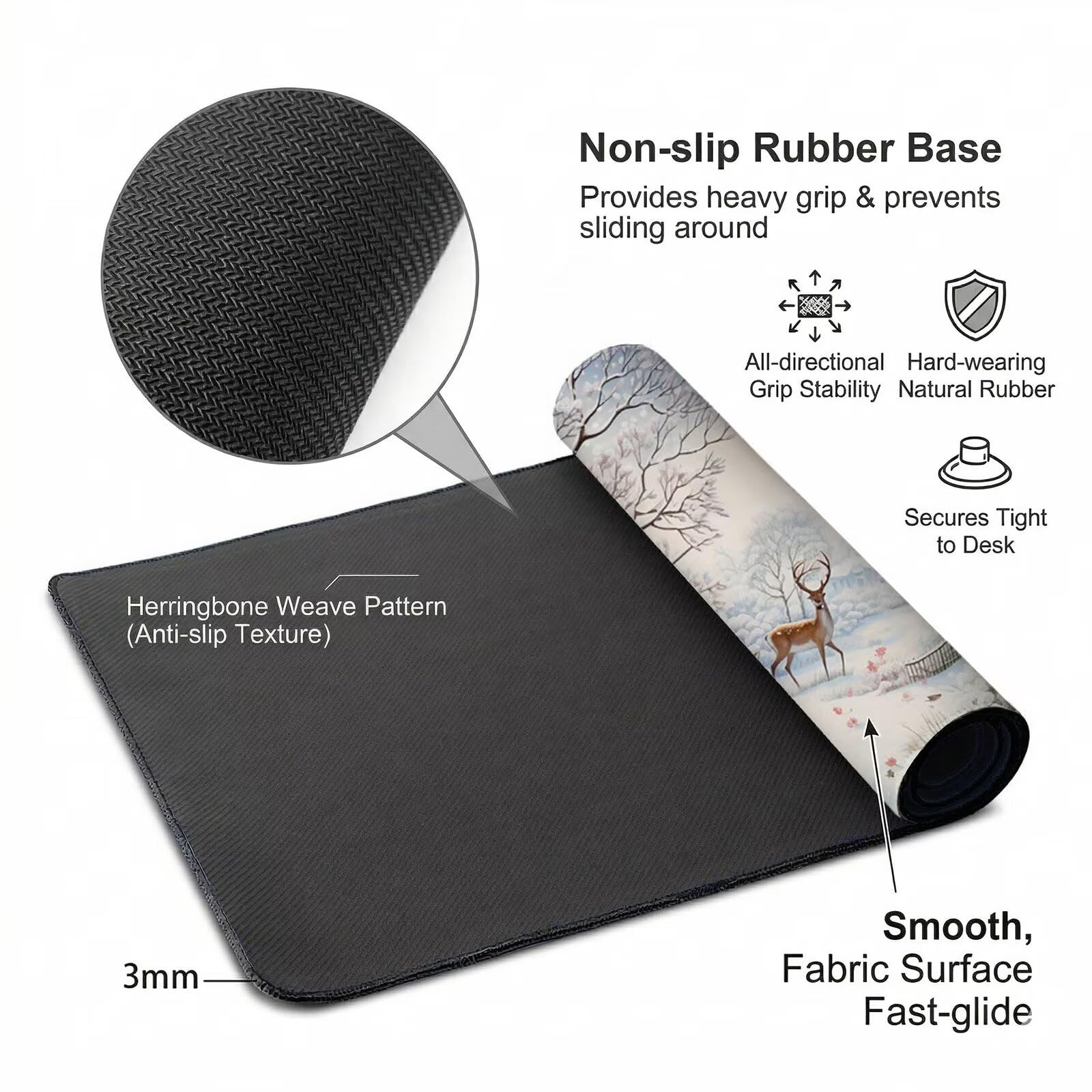 Tappetino Mouse XXL 1200 x 600 x 3 mm, Sottomano Scrivania, Inverno Grande Tappeto da Tavolo con Base in Gomma Antiscivolo e Bordi Cuciti, Impermeabile, per Ufficio, Computer e Gaming (Cervo) L-x1698