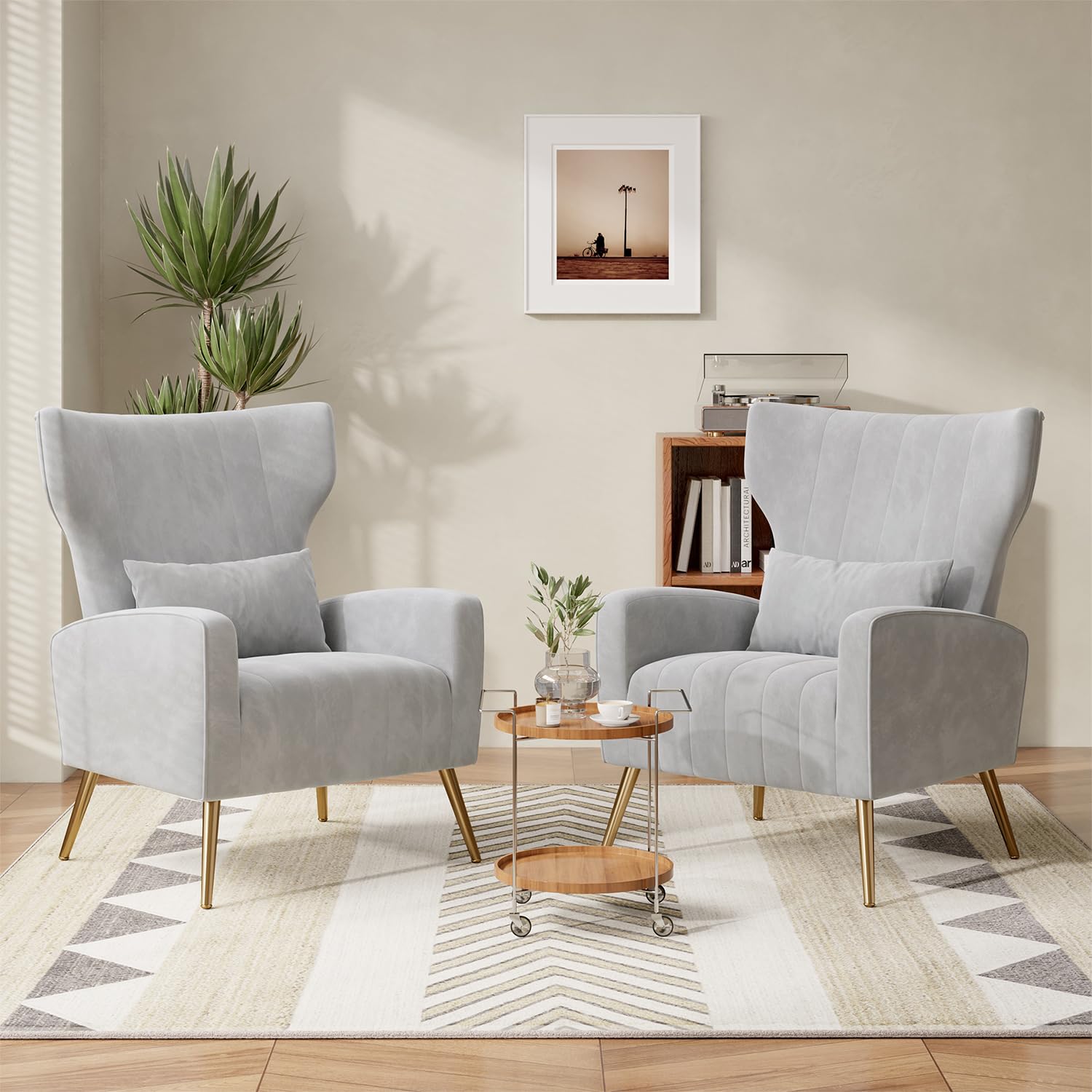 Hawthyhome 2er-Set Velvet Armchair Recliner with Comfortable Cushion with Pillow Golden Metal Legs Padded Seat Lounge Couch Armchair for Living room,and Bedroom Gray